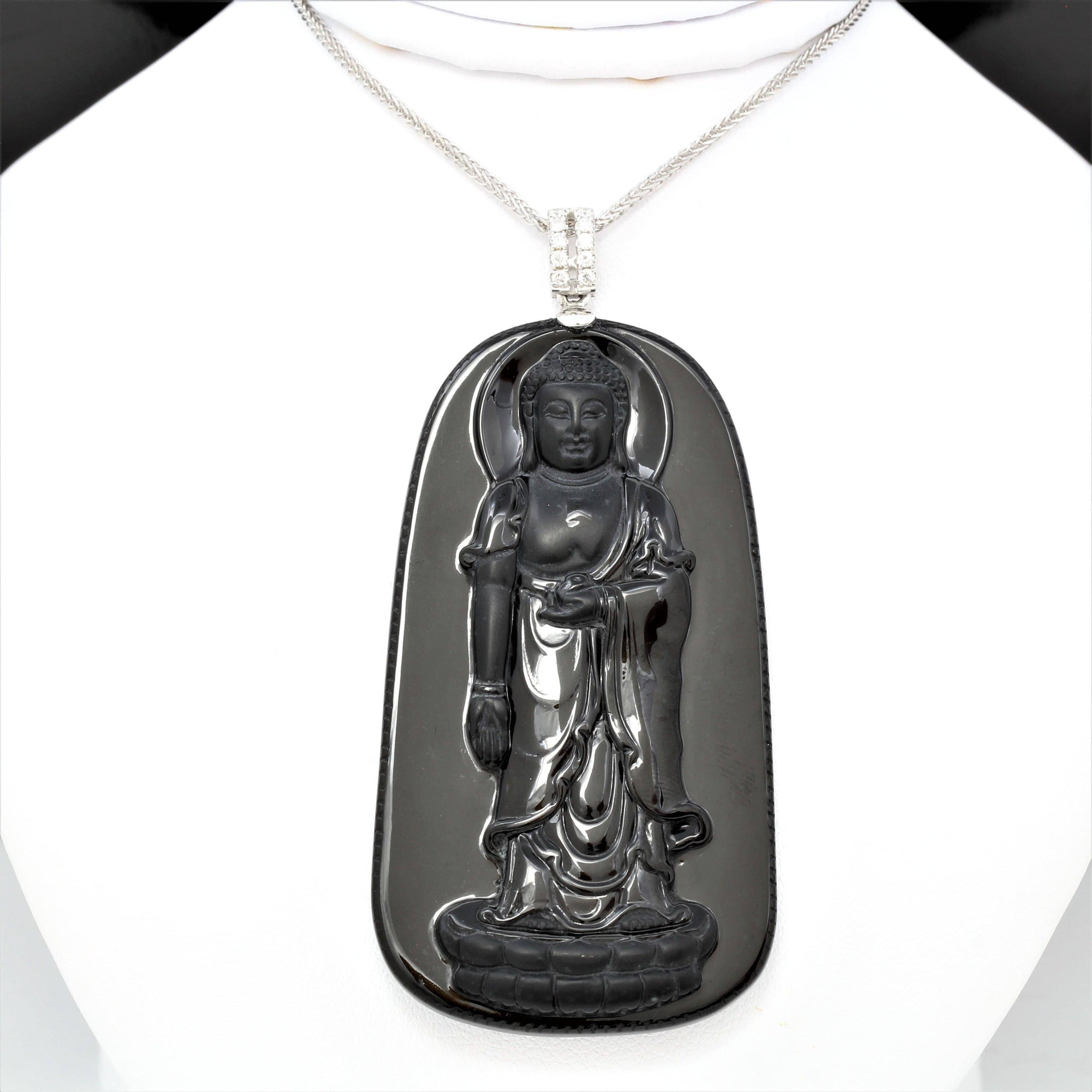 Baikalla Jewelry Gold Jadeite Pendant Baikalla™ "Guan Yin" 18k Rose Gold Genuine Burmese Black Jadeite Buddha Guanyin Pendant Necklace With Diamonds ( high quality )