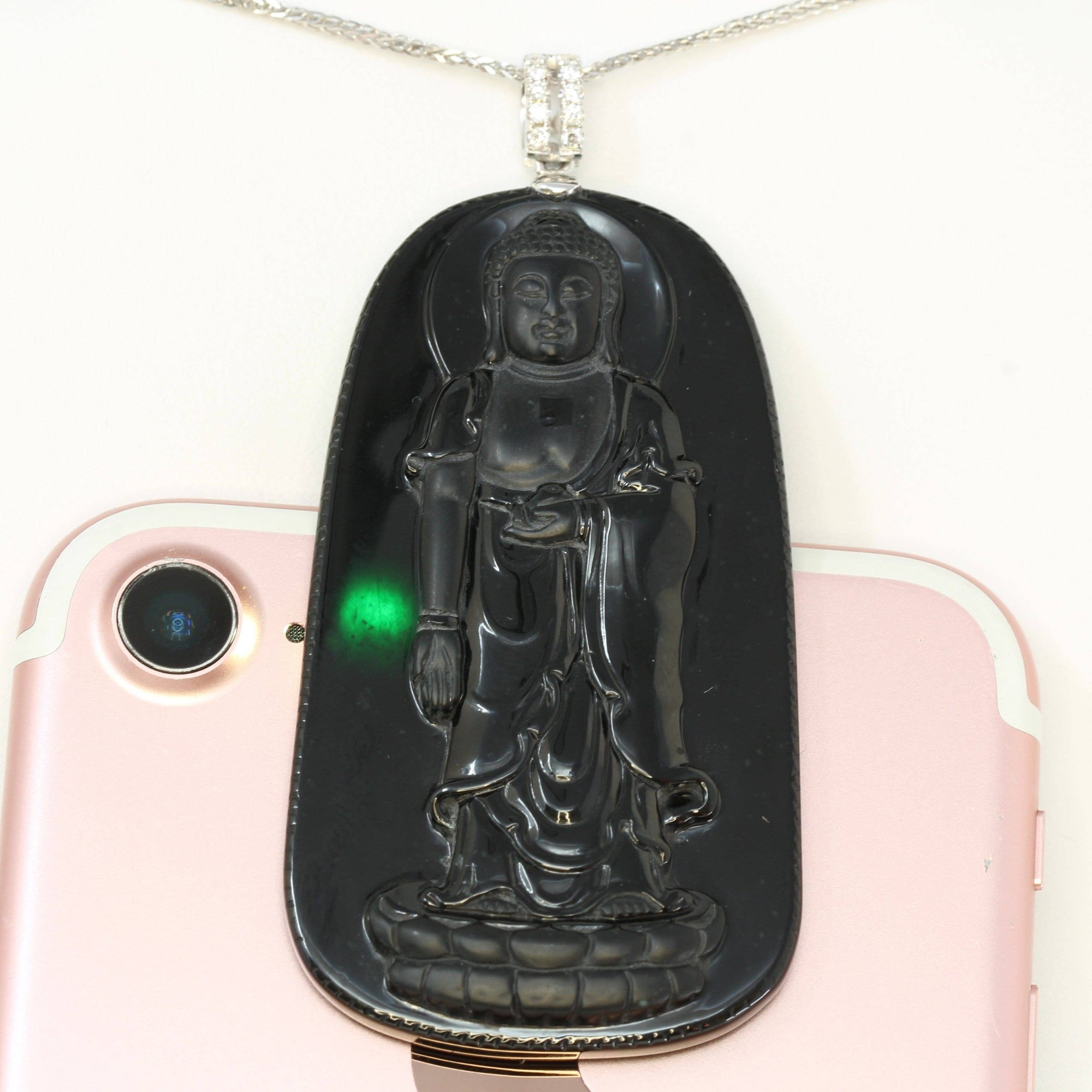 Baikalla Jewelry Gold Jadeite Pendant Baikalla™ &quot;Guan Yin&quot; 18k Rose Gold Genuine Burmese Black Jadeite Buddha Guanyin Pendant Necklace With Diamonds ( high quality )