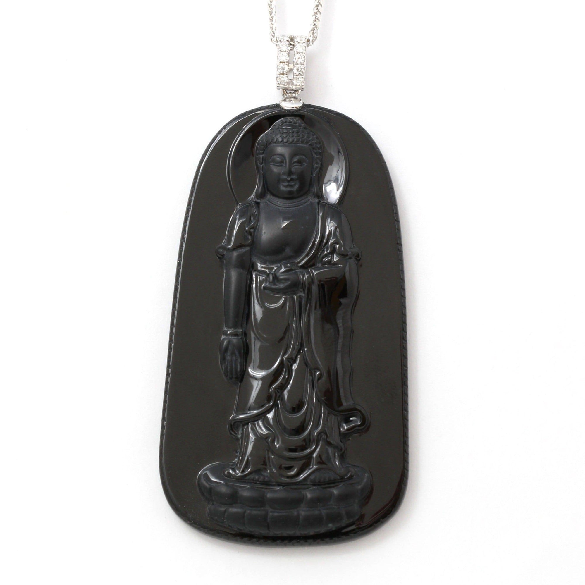 Baikalla Jewelry Gold Jadeite Pendant Baikalla™ &quot;Guan Yin&quot; 18k Rose Gold Genuine Burmese Black Jadeite Buddha Guanyin Pendant Necklace With Diamonds ( high quality )