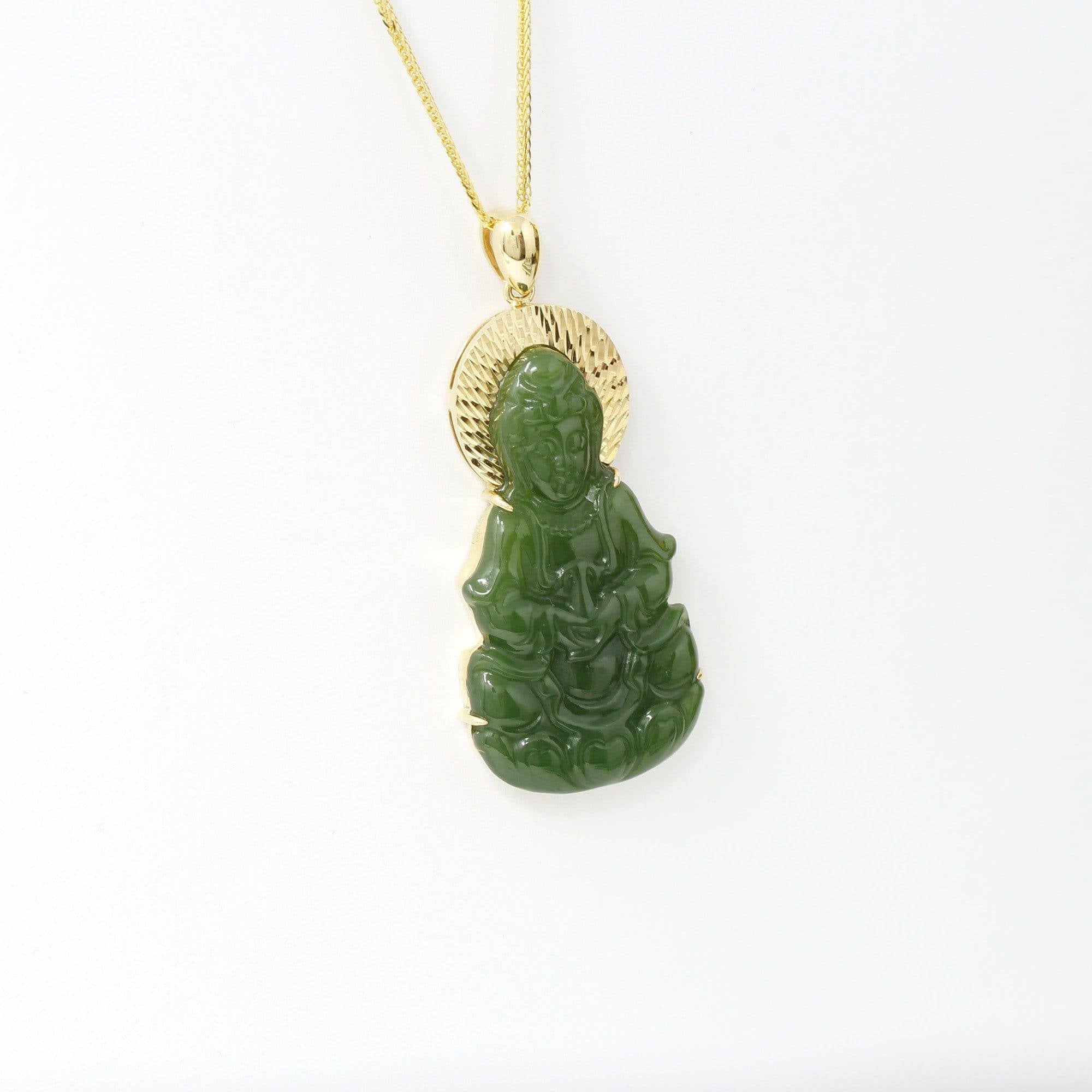 Baikalla Jewelry Gold Jade Necklace Baikalla™ Guan Yin 18k Yellow Gold Genuine Nephrite Green Jade Guanyin Buddha Pendant Necklace