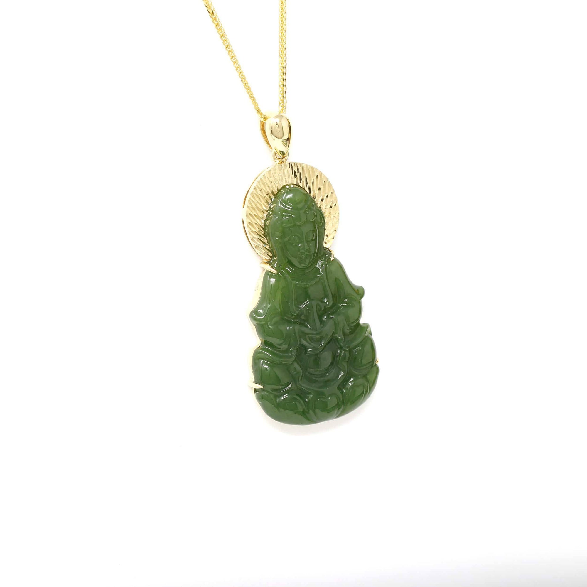 Baikalla Jewelry Gold Jade Necklace Baikalla™ Guan Yin 18k Yellow Gold Genuine Nephrite Green Jade Guanyin Buddha Pendant Necklace