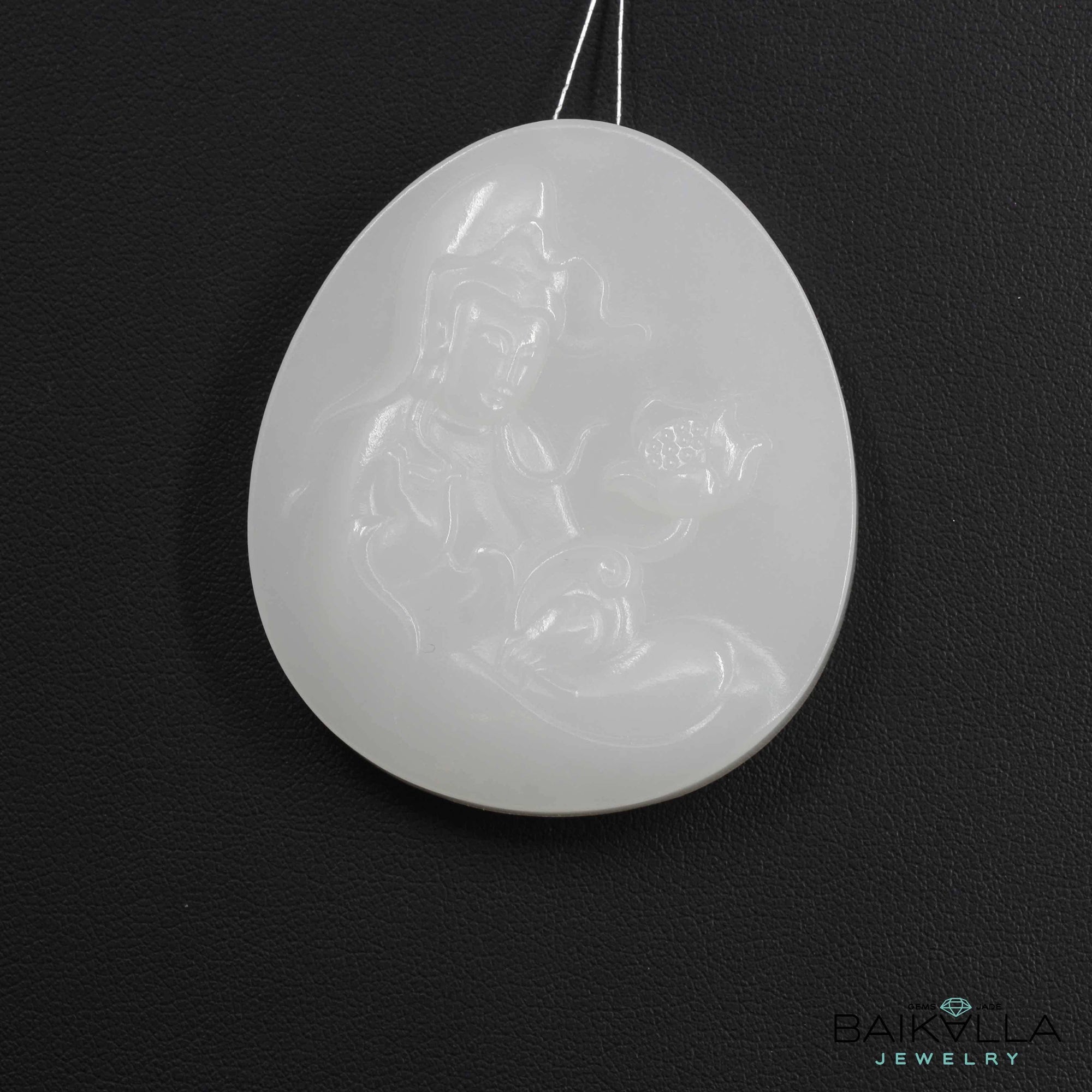 Baikalla Jewelry Jade Pendant Necklace "Guan Yin Goddess" Genuine HeTian White Nephrite "Mutton Fat "Jade Guanyin Pendant Necklace