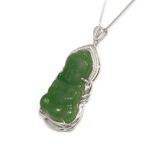 Baikalla Jewelry Jade Pendant Silver W/ White Sapphire Baikalla™ Guan Yin Sterling Silver Genuine Nephrite Green Jade GuanYin Baby Buddha  Pendant Necklace