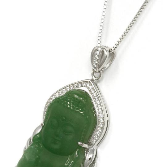 Baikalla Jewelry Jade Pendant Silver W/ White Sapphire Baikalla™ Guan Yin Sterling Silver Genuine Nephrite Green Jade GuanYin Baby Buddha  Pendant Necklace