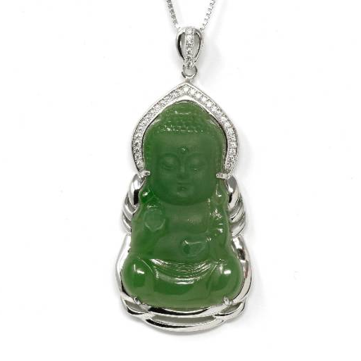 Baikalla Jewelry Jade Pendant Silver W/ White Sapphire Baikalla™ Guan Yin Sterling Silver Genuine Nephrite Green Jade GuanYin Baby Buddha  Pendant Necklace