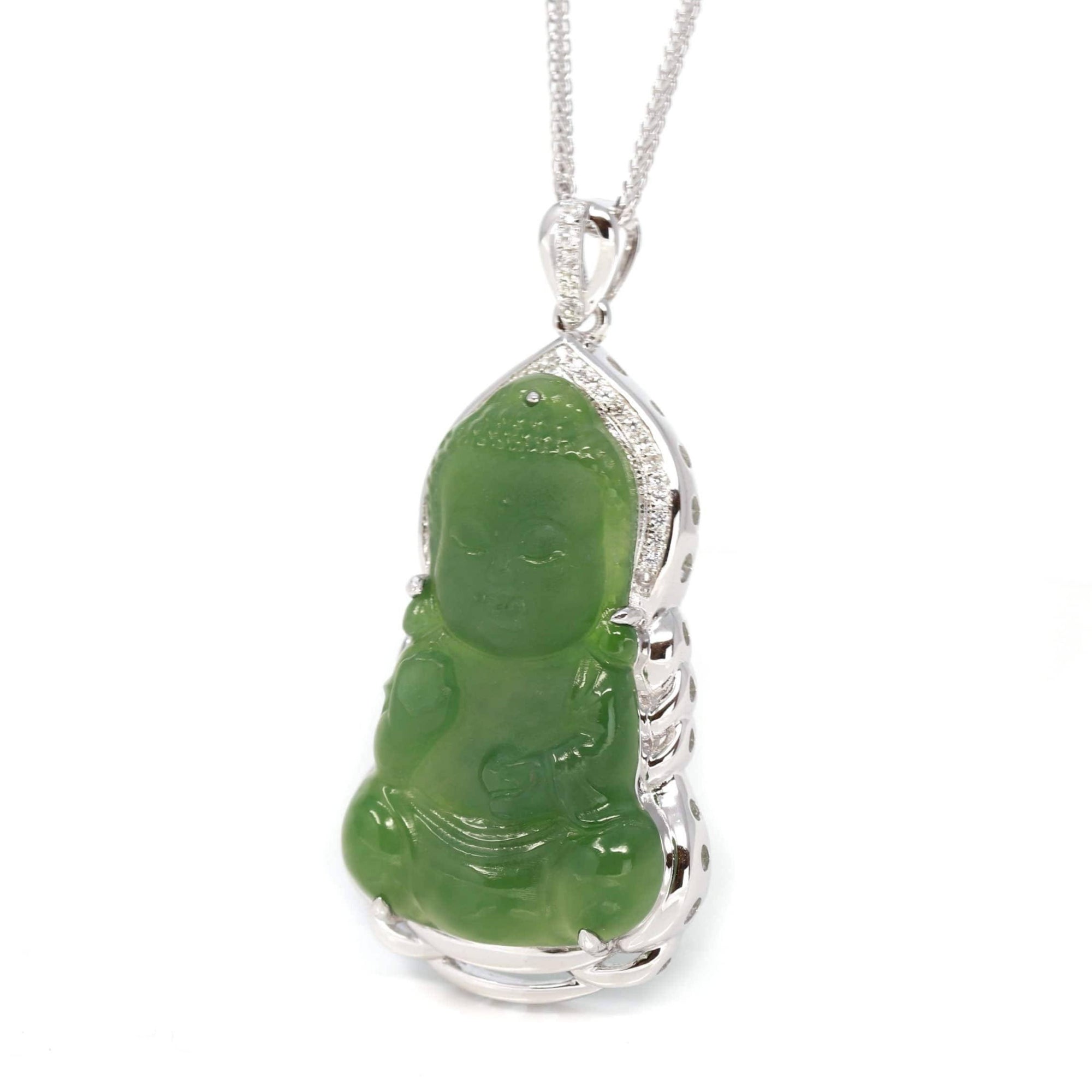 Baikalla Jewelry Jade Pendant Silver W/ White Sapphire Baikalla™ Guan Yin Sterling Silver Genuine Nephrite Green Jade GuanYin Baby Buddha  Pendant Necklace