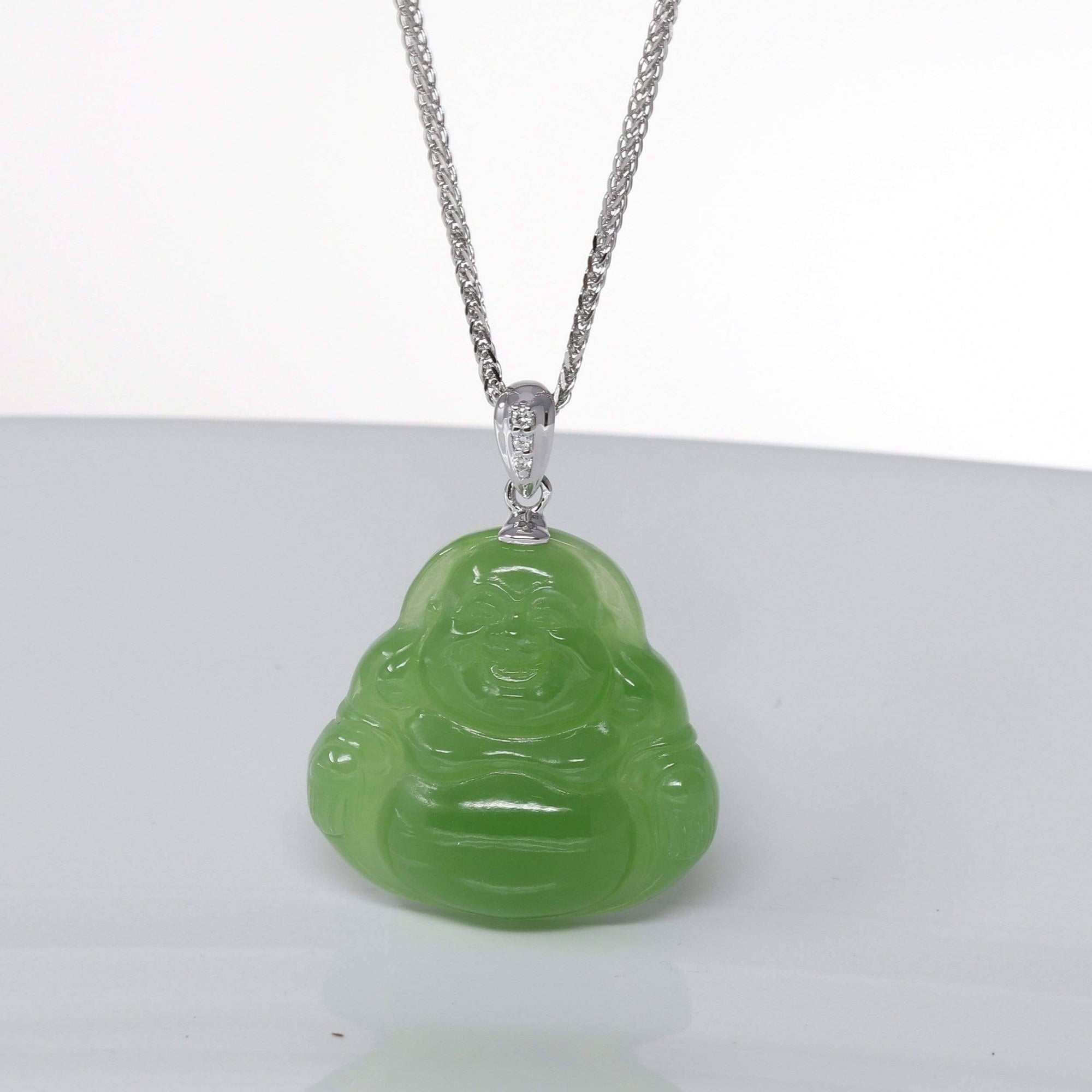 Baikalla Jewelry Gold Jade Buddha Baikalla™ "Laughing Buddha" 14k Gold Genuine Nephrite Apple Green Jade with Diamonds Buddha Pendant Necklace High-end Collectable