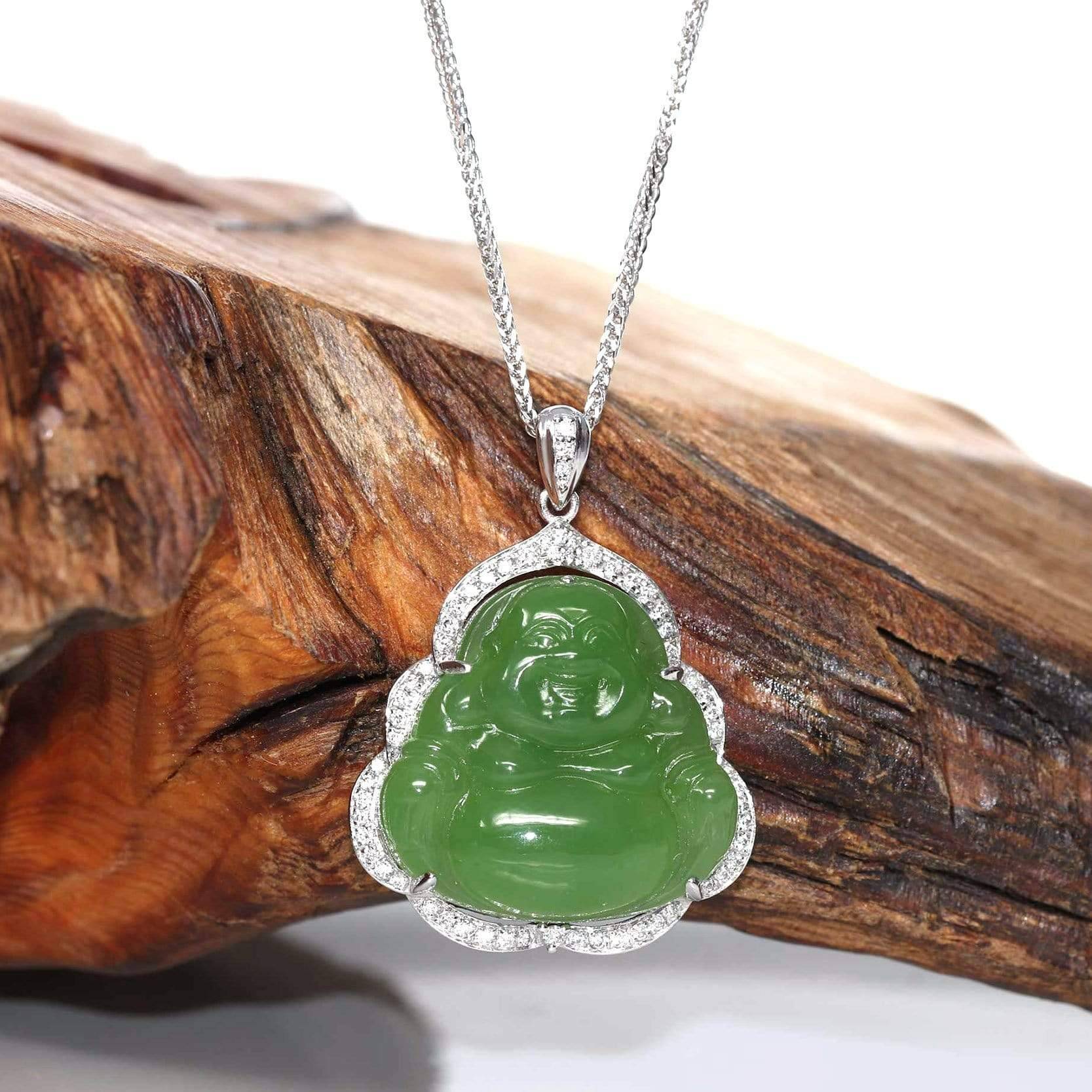 Baikalla Jewelry Gold Jade Buddha 14K White Gold With Matching Gold Chain Baikalla™ &quot;Laughing Buddha&quot; 14k Gold Genuine Nephrite Apple Green Jade with VS1 Diamonds High-end Collectable