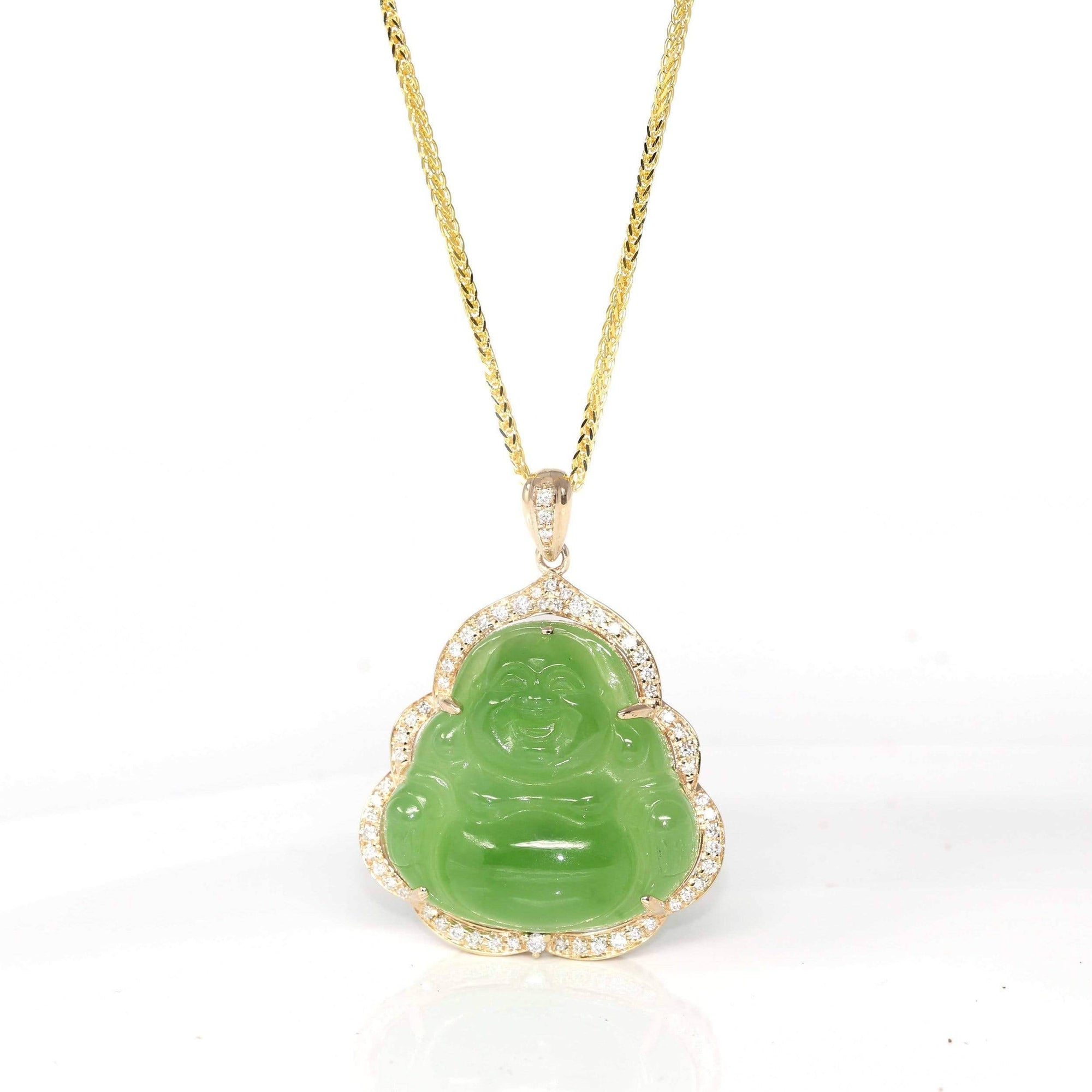 Baikalla Jewelry Gold Jade Buddha Baikalla™ &quot;Laughing Buddha&quot; 14k Gold Genuine Nephrite Apple Green Jade with VS1 Diamonds High-end Collectable