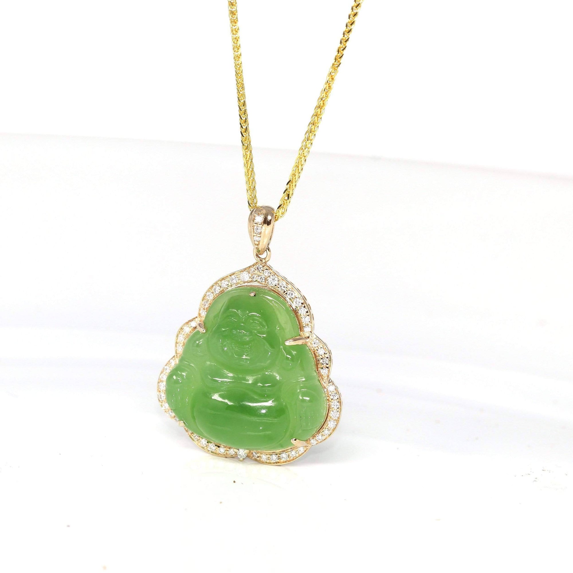 Baikalla Jewelry Gold Jade Buddha Baikalla™ &quot;Laughing Buddha&quot; 14k Gold Genuine Nephrite Apple Green Jade with VS1 Diamonds High-end Collectable