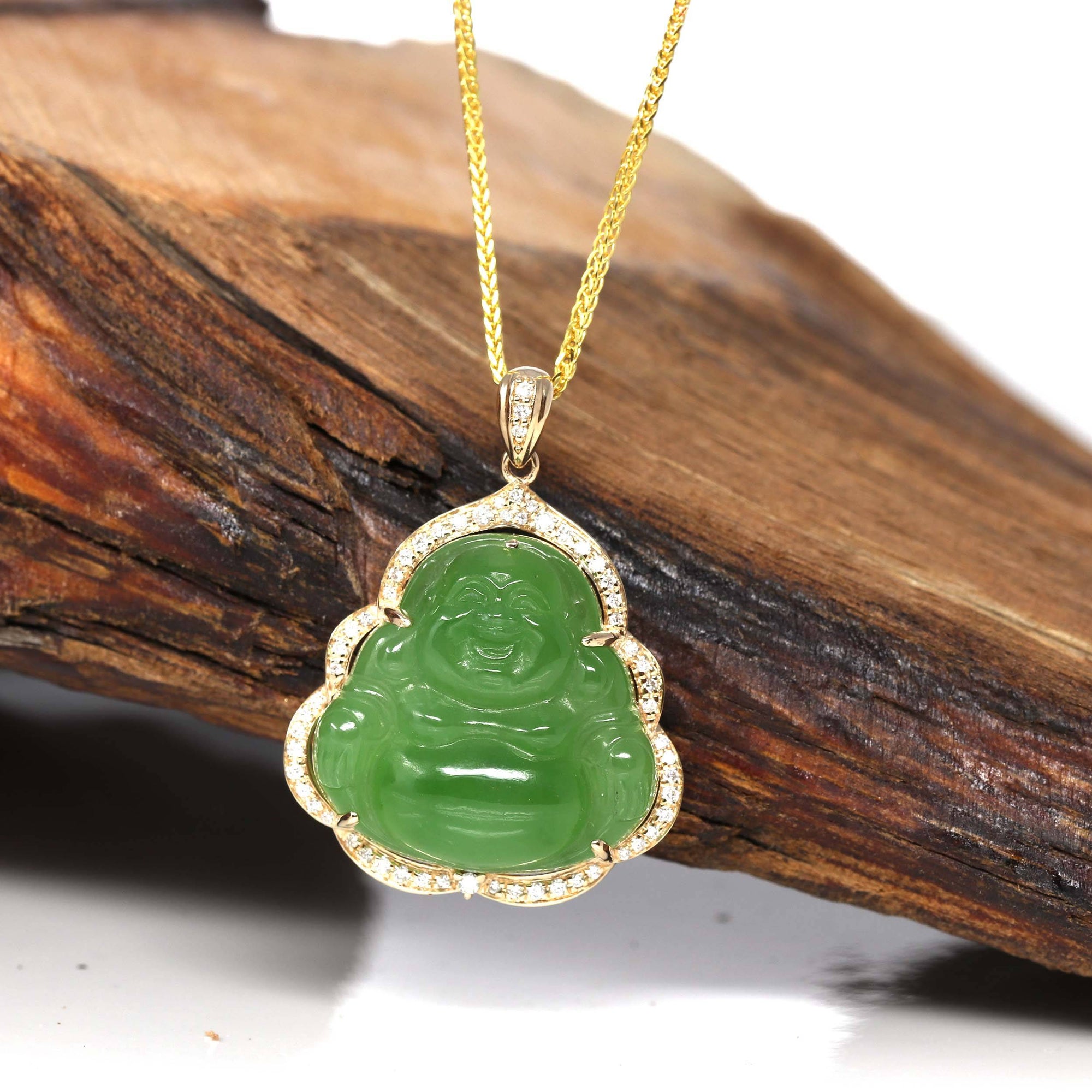 Baikalla Jewelry Gold Jade Buddha Baikalla™ &quot;Laughing Buddha&quot; 14k Gold Genuine Nephrite Apple Green Jade with VS1 Diamonds High-end Collectable