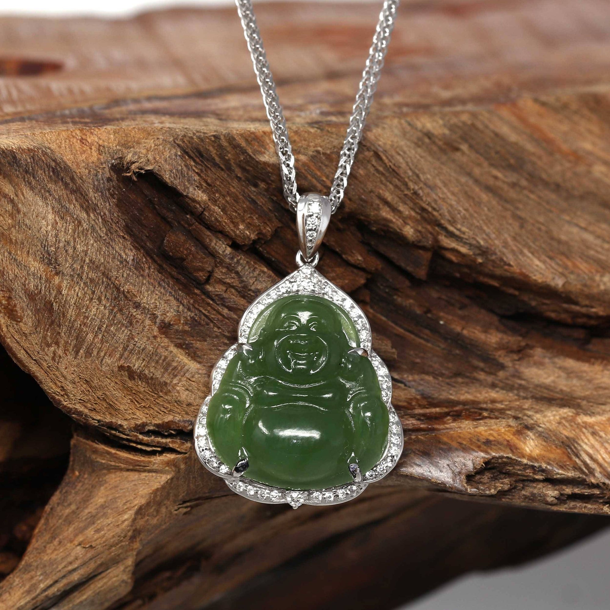 Baikalla Jewelry Gold Jade Buddha Baikalla™ "Laughing Buddha" 14k White Gold Genuine Nephrite Green Jade with Moissanite