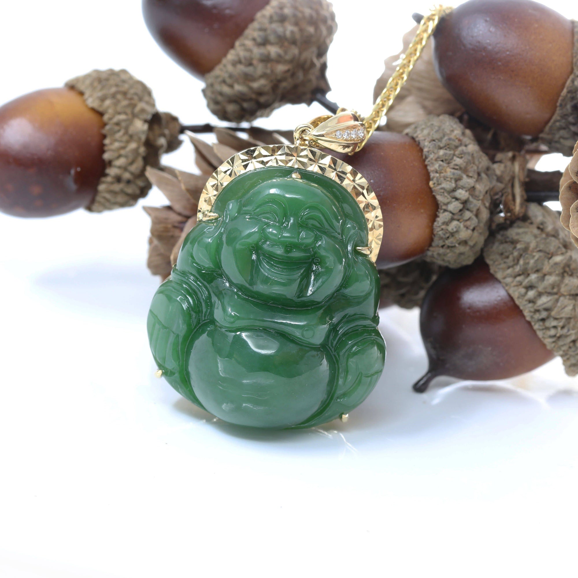 Baikalla Jewelry Gold Jade Buddha Baikalla™ &quot;Laughing Buddha&quot; 18k Yellow Gold Genuine Nephrite Green Jade with Diamonds Buddha Pendant Necklace High-end Collectable