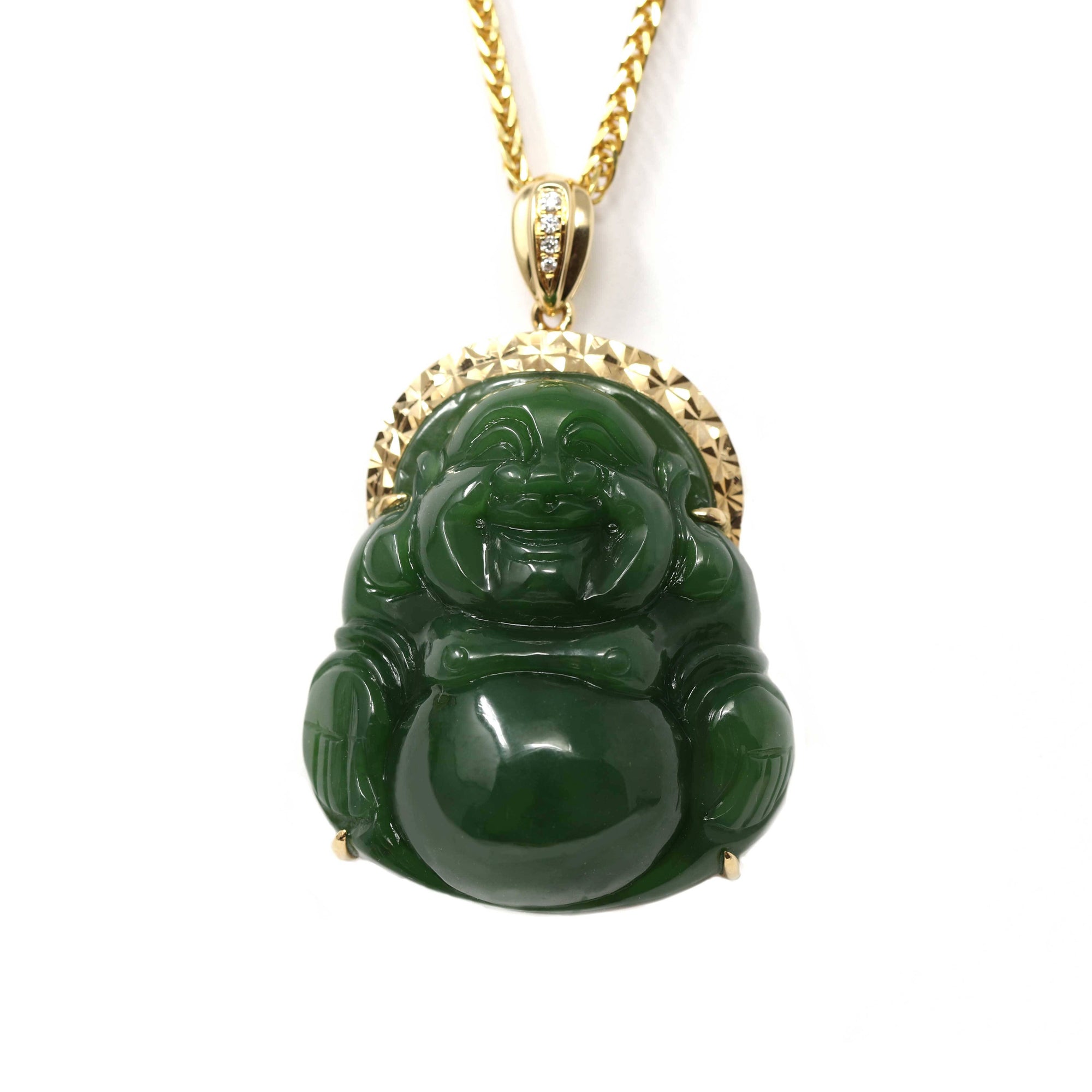 Baikalla Jewelry Gold Jade Buddha Baikalla™ "Laughing Buddha" 18k Yellow Gold Genuine Nephrite Green Jade with Diamonds Buddha Pendant Necklace High-end Collectable