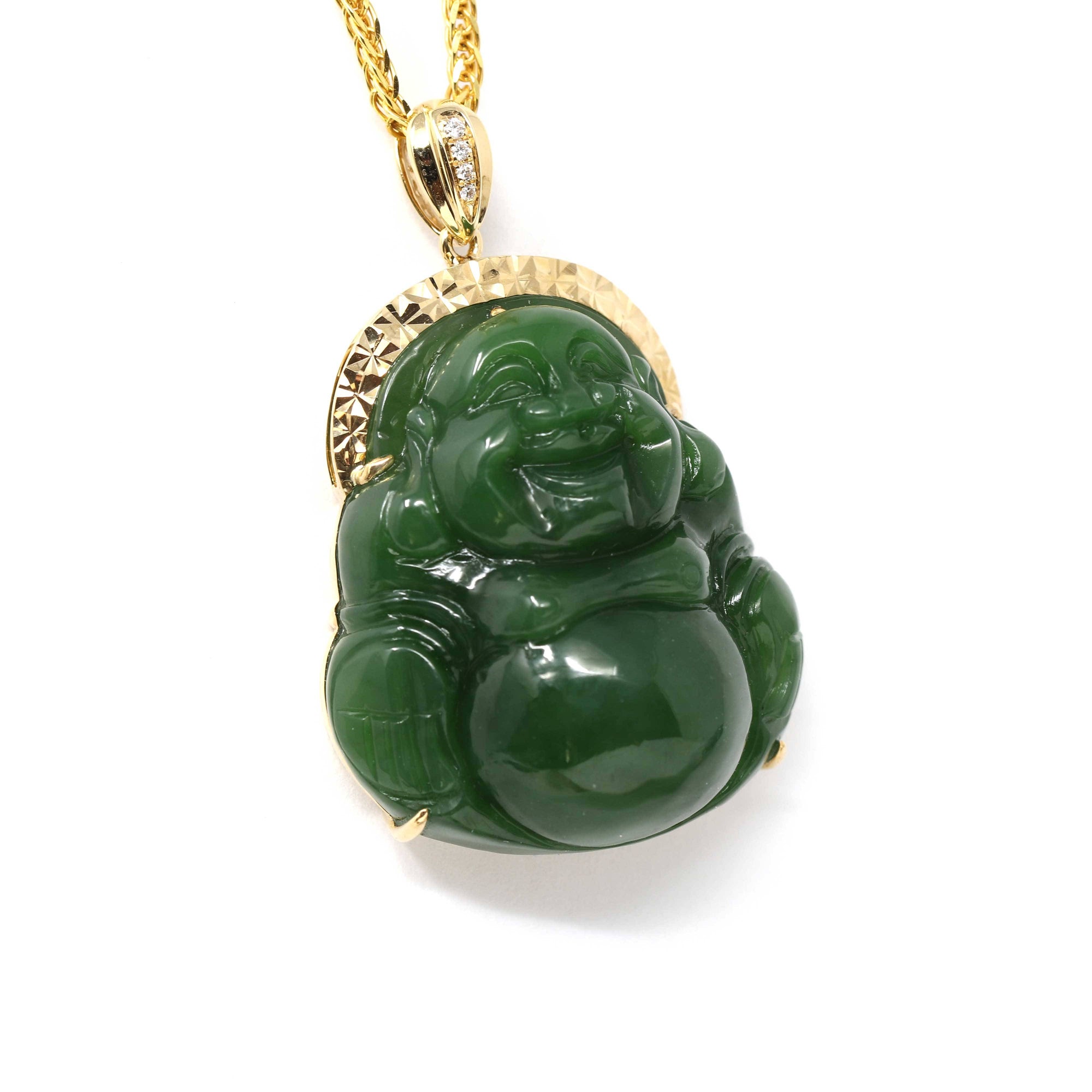 Baikalla Jewelry Gold Jade Buddha With 18k Solid Gold Chain Baikalla™ &quot;Laughing Buddha&quot; 18k Yellow Gold Genuine Nephrite Green Jade with Diamonds Buddha Pendant Necklace High-end Collectable