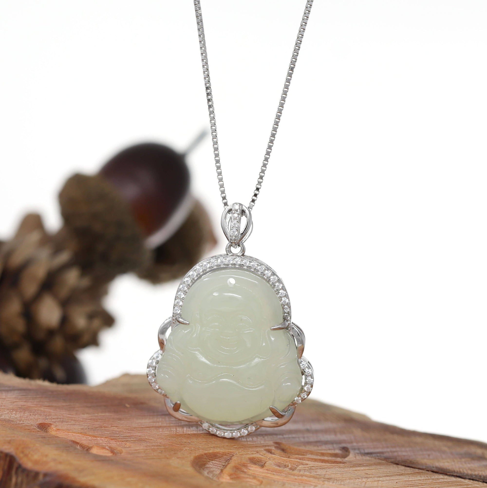 Baikalla Jewelry Jade Pendant Baikalla™ "Laughing Buddha" Genuine Nephrite White Jade (high quality) Buddha Pendant Necklace