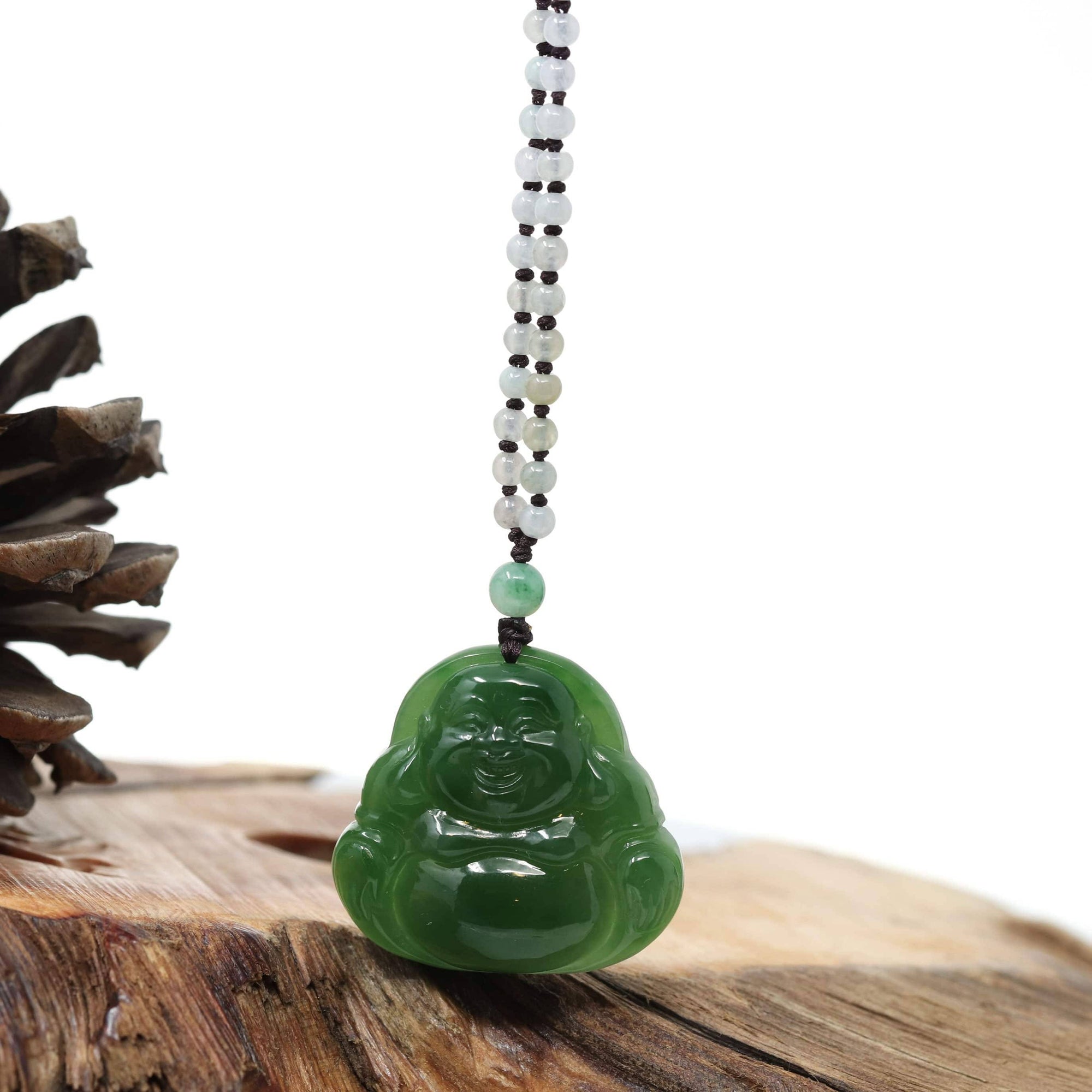 Baikalla Jewelry Jade Pendant Necklace Baikalla™ "Laughing Buddha" With Classic Beads Necklace Genuine Nephrite Green Jade Buddha Pendant Necklace