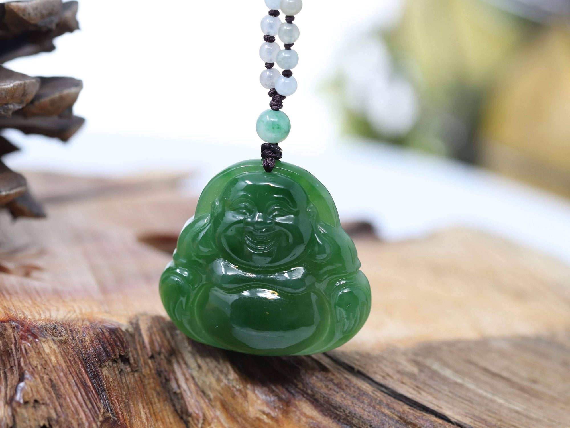 Baikalla Jewelry Jade Pendant Necklace Baikalla™ "Laughing Buddha" With Classic Beads Necklace Genuine Nephrite Green Jade Buddha Pendant Necklace