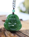 Baikalla Jewelry Jade Pendant Necklace Baikalla™ "Laughing Buddha" With Classic Beads Necklace Genuine Nephrite Green Jade Buddha Pendant Necklace