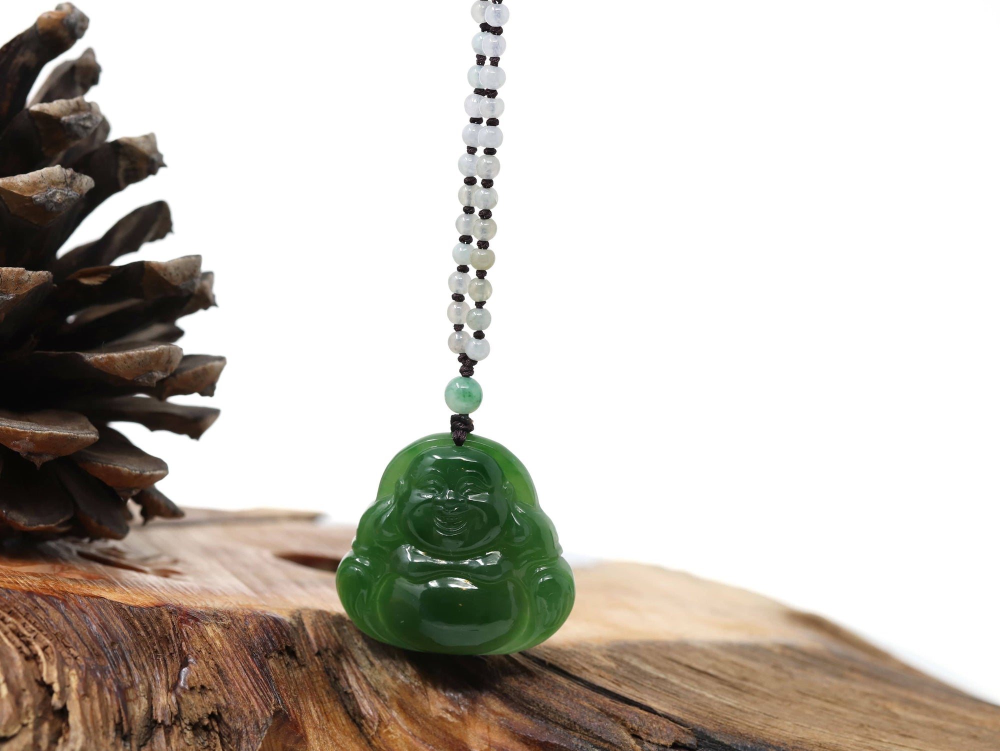 Baikalla Jewelry Jade Pendant Necklace Baikalla™ "Laughing Buddha" With Classic Beads Necklace Genuine Nephrite Green Jade Buddha Pendant Necklace