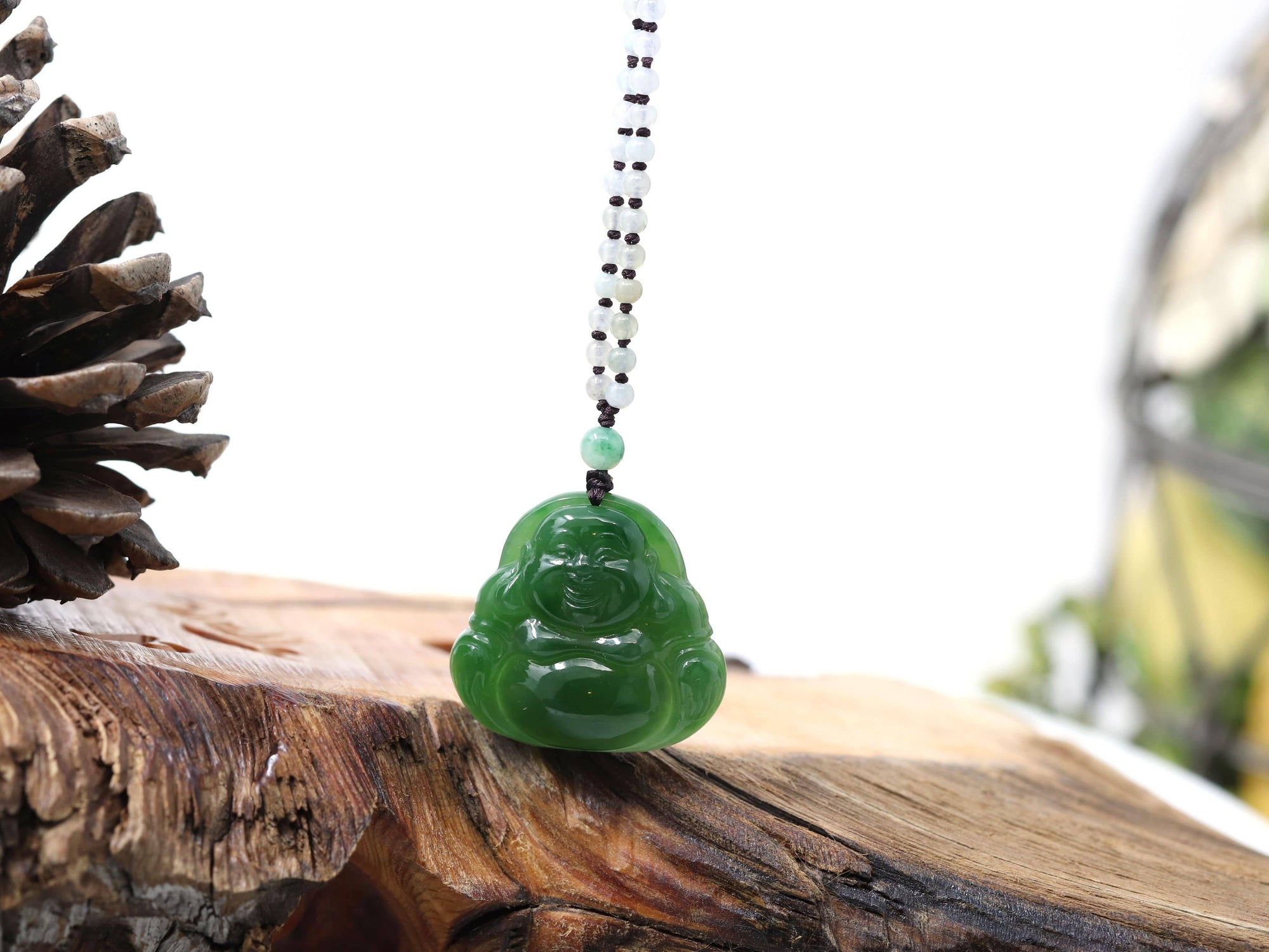 Baikalla Jewelry Jade Pendant Necklace Baikalla™ "Laughing Buddha" With Classic Beads Necklace Genuine Nephrite Green Jade Buddha Pendant Necklace