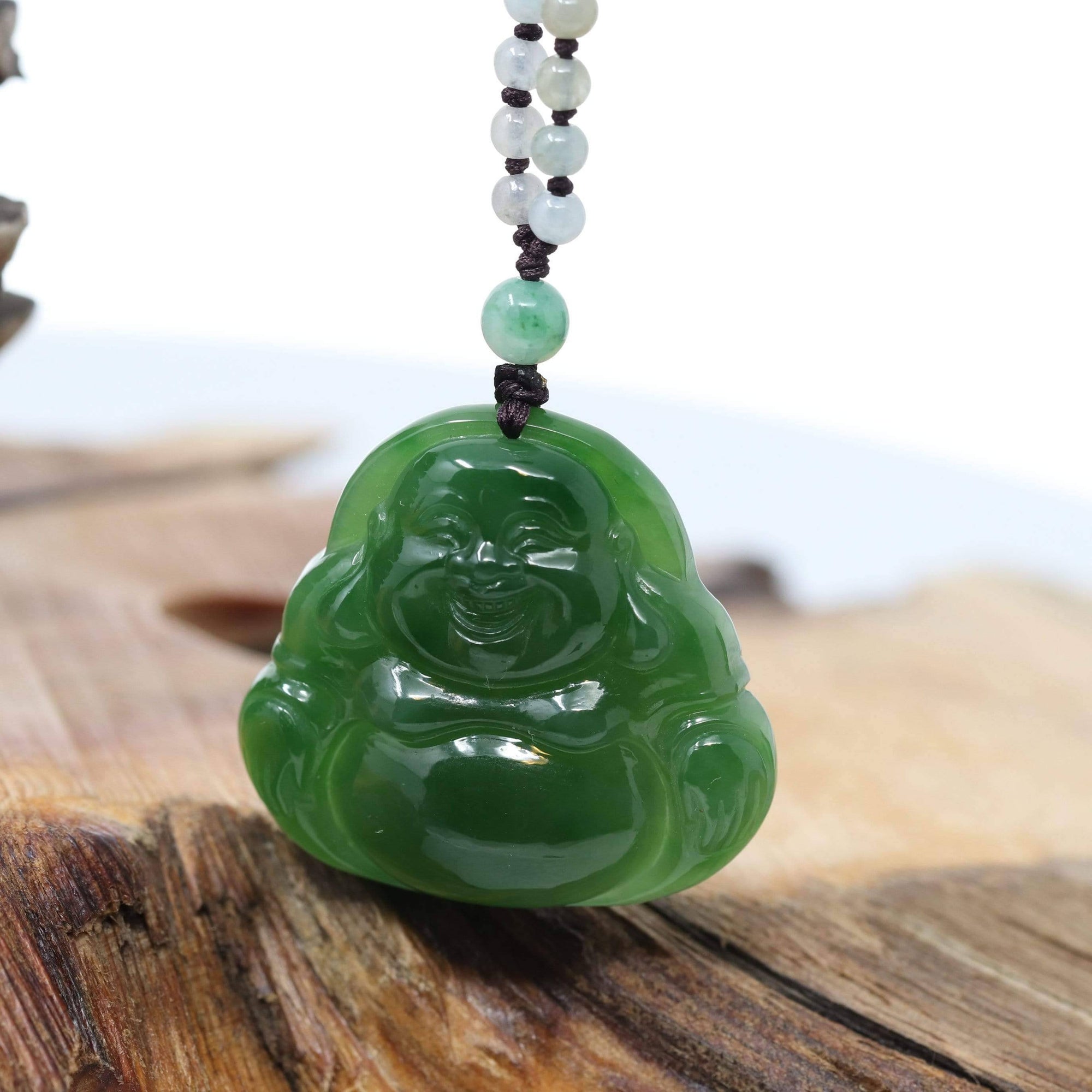 Baikalla Jewelry Jade Pendant Necklace Baikalla™ "Laughing Buddha" With Classic Beads Necklace Genuine Nephrite Green Jade Buddha Pendant Necklace