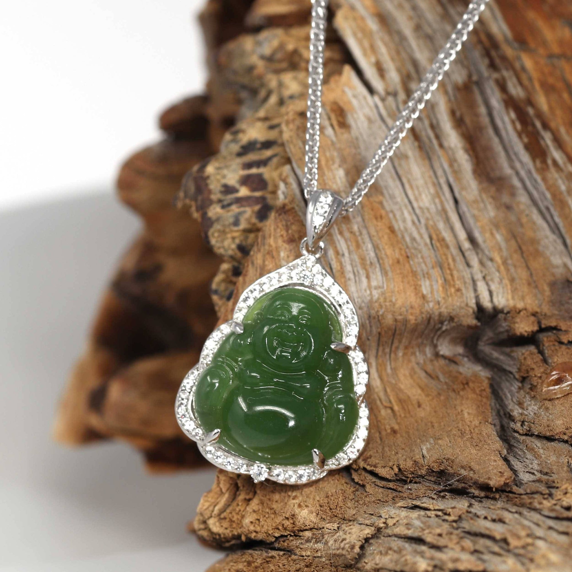 Baikalla Baikalla™ Sterling Silver Genuine Nephrite Green Jade Small Buddha Pendant Necklace