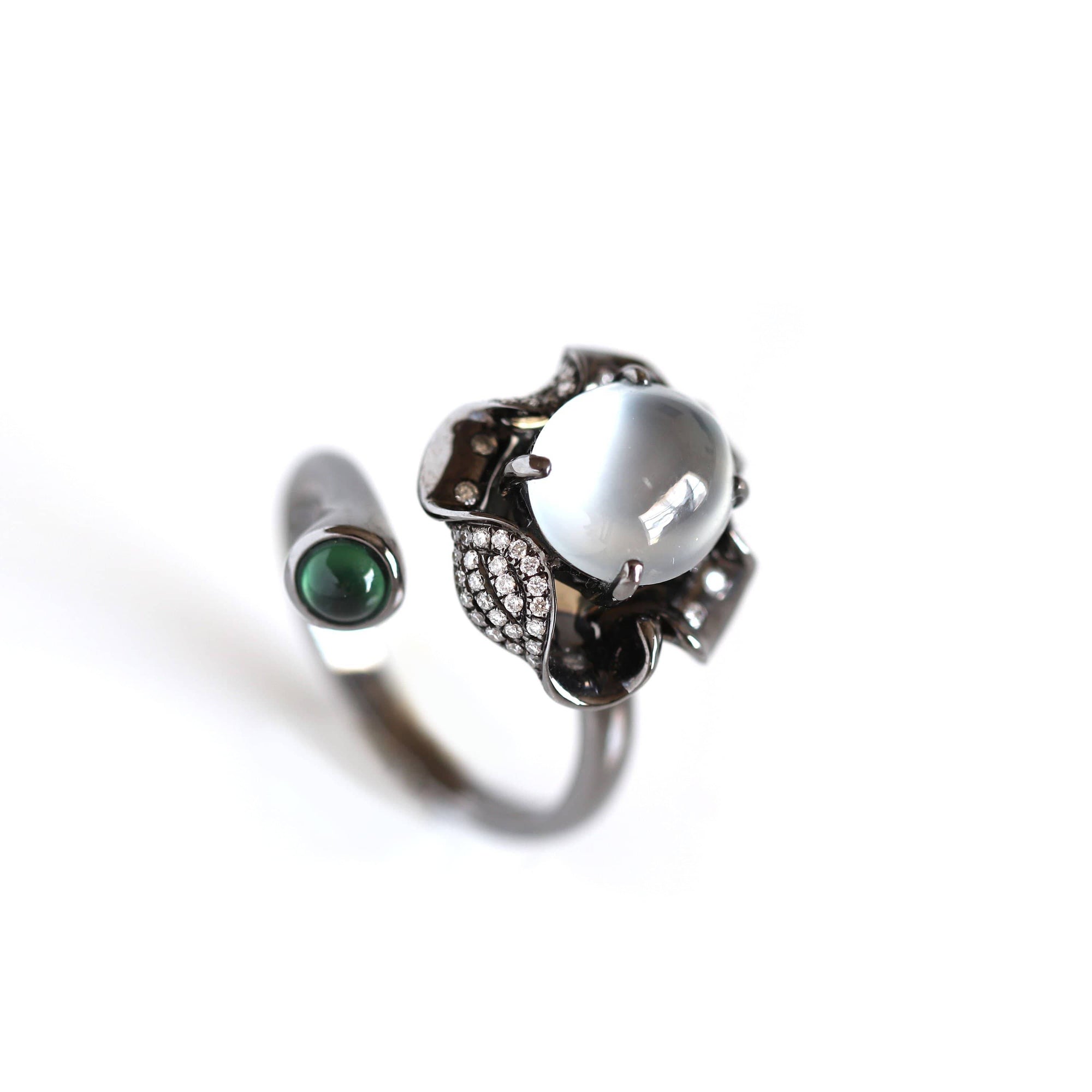 Baikalla Jewelry 18k Gold Engagment Ring Baikalla™ "Flower" 18k Black Gold Natural Ice Jadeite Jade Engagement Ring