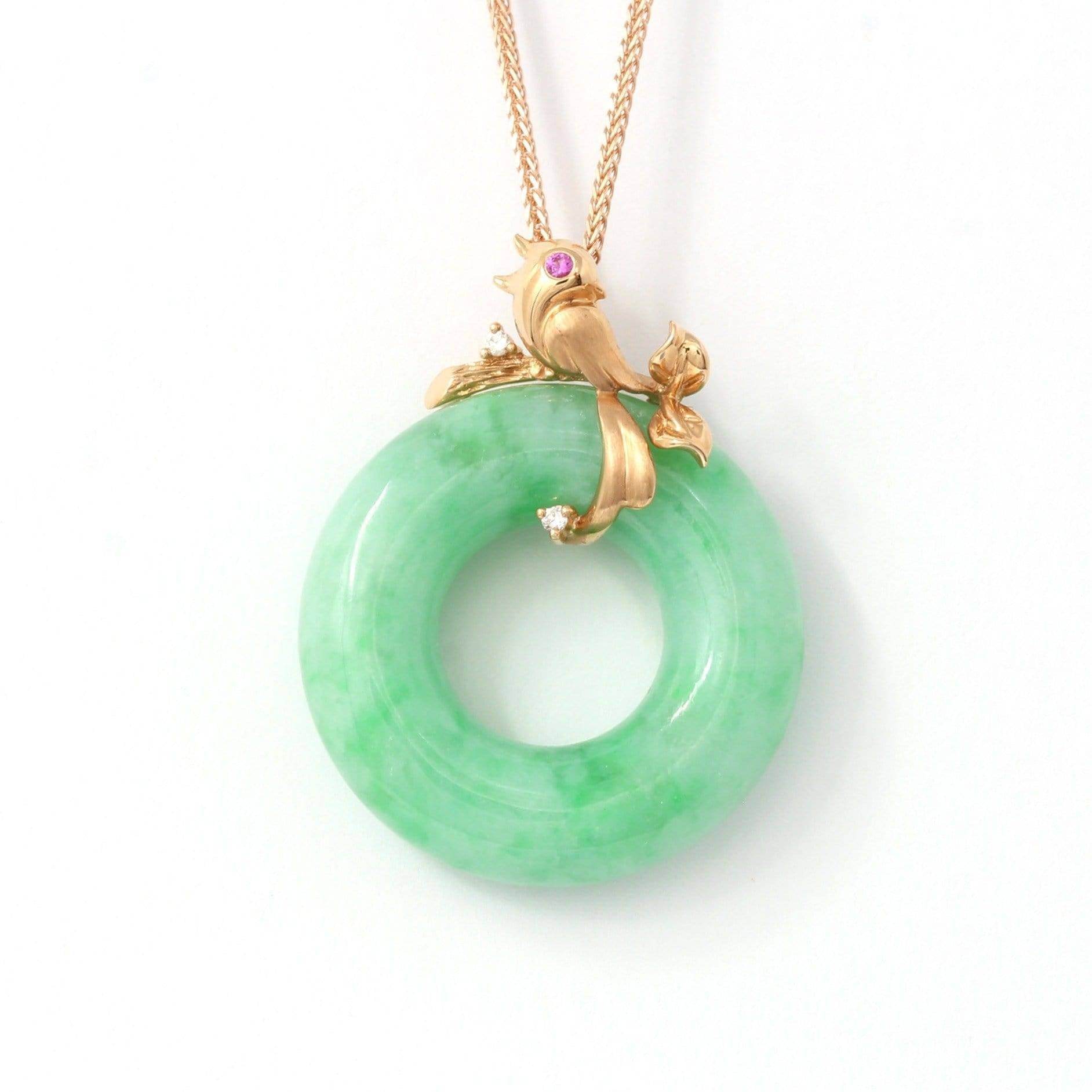 Baikalla Jewelry 18k Gold Jadeite Necklace Large ( 31.5 * 24.2 * 6.5 mm ) 18k Rose Gold Genuine Burmese Jadeite Lucky Pendant Necklace With AA Ruby