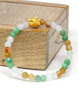 Baikalla Jewelry 24k Gold Jadeite Beads Bracelet XS 6 Inches Genuine High-quality Jade Jadeite Bracelet Bangle with 24k Yellow Gold Boat Charm Colorful  