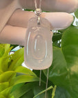 Genuine Ice White Jadeite Jade "Happiness in front of your eyes" Fu Zai Yan Qian Pendant Necklace With 14K White Gold Bail