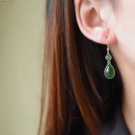 Baikalla Jewelry Silver Gemstone Earrings Baikalla™ "Classic Tear Drop" Sterling Silver Genuine Nephrite Green Jade Dangle Earrings