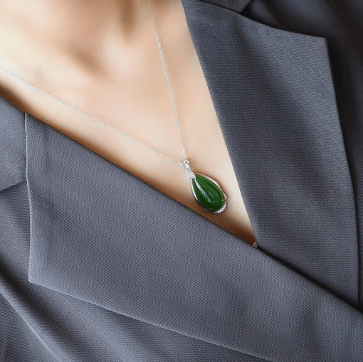 Baikalla Jewelry Jade Pendant Necklace Baikalla™ &quot;Classic Tear-Drop&quot; Sterling Silver Real Green Jade Classic Tear Drop Pendant Necklace