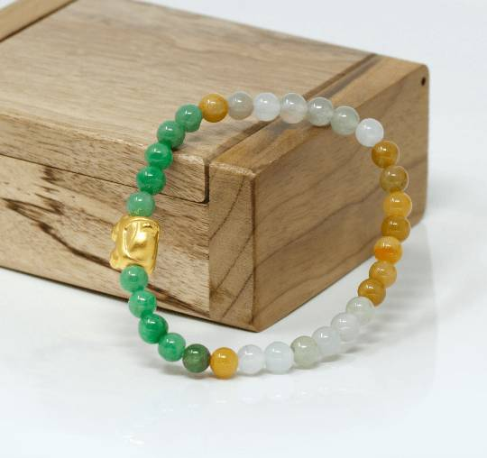 Baikalla Jewelry 24k Gold Jadeite Beads Bracelet Genuine High-quality Jade Jadeite Bracelet Bangle with 24k Yellow Gold Car Charm Colorful  #430