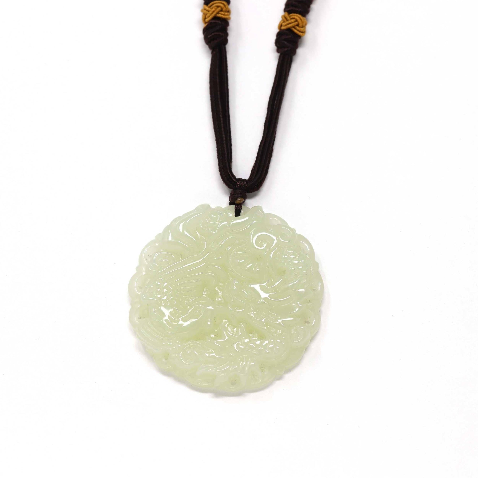 Baikalla Jewelry Jade Carving Necklace Genuine Nephrite White Jade Dragon & Phoenix Pendant Necklace