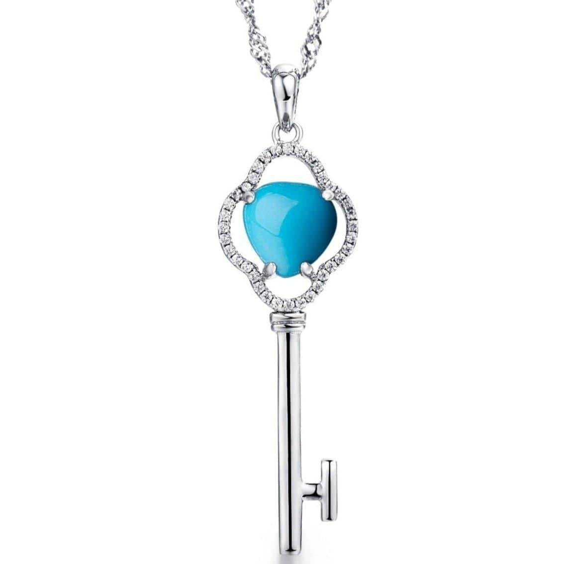 Baikalla Jewelry Silver Gemstone Necklace Baikalla™ &quot;The key to my heart&quot; Sterling Silver Genuine Persian Blue Arizona Turquoise Baikalla Key Pendant Necklace with CZ