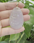 14k Yellow Gold Genuine Burmese Light Lavender Jadeite Happiness and Safety (Fu & Pingan) Pendant Necklace