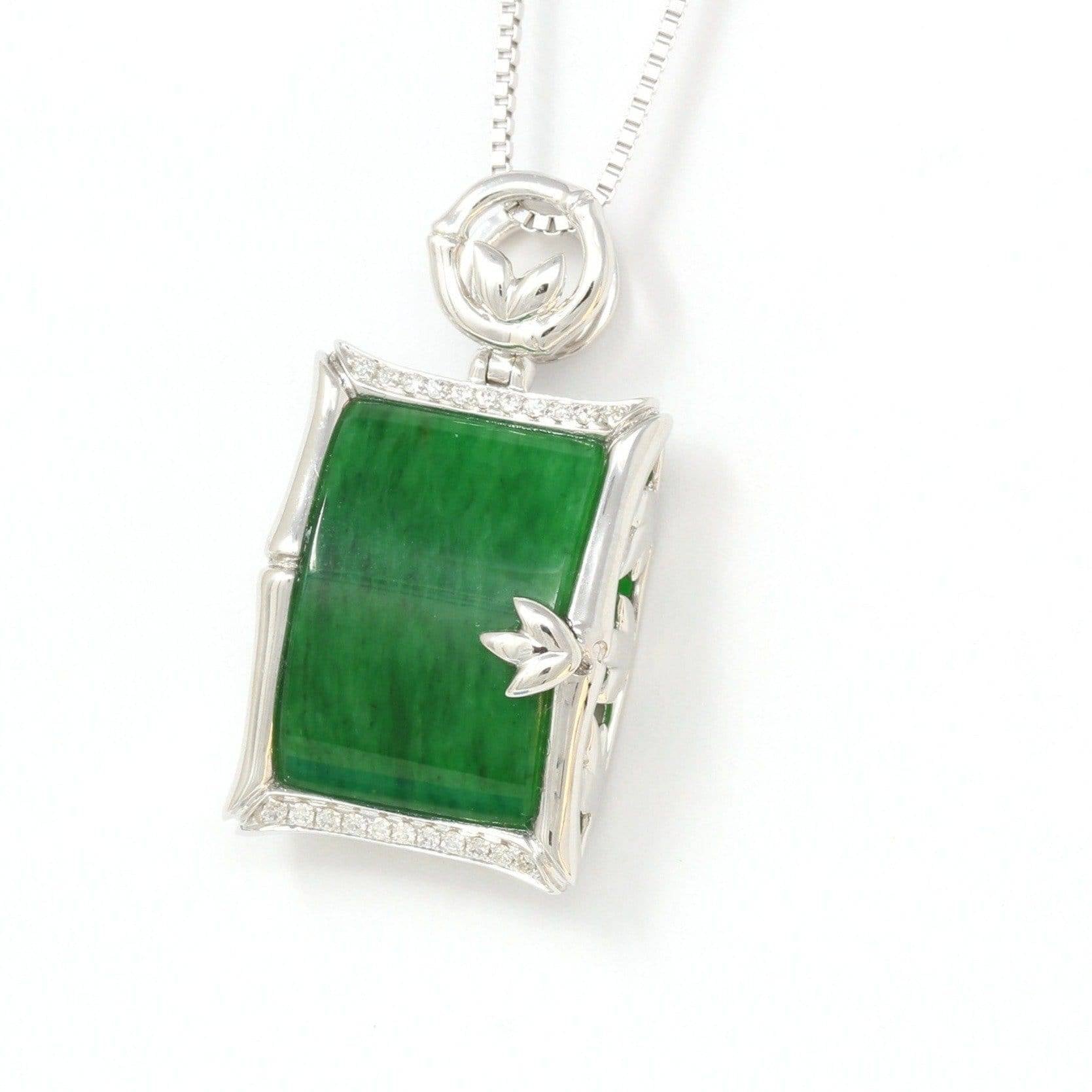 Baikalla Jewelry 18k Gold Jadeite Necklace 18K White Gold 18k White Gold Genuine Burmese Jadeite Bamboo Pendant Necklace With Diamond