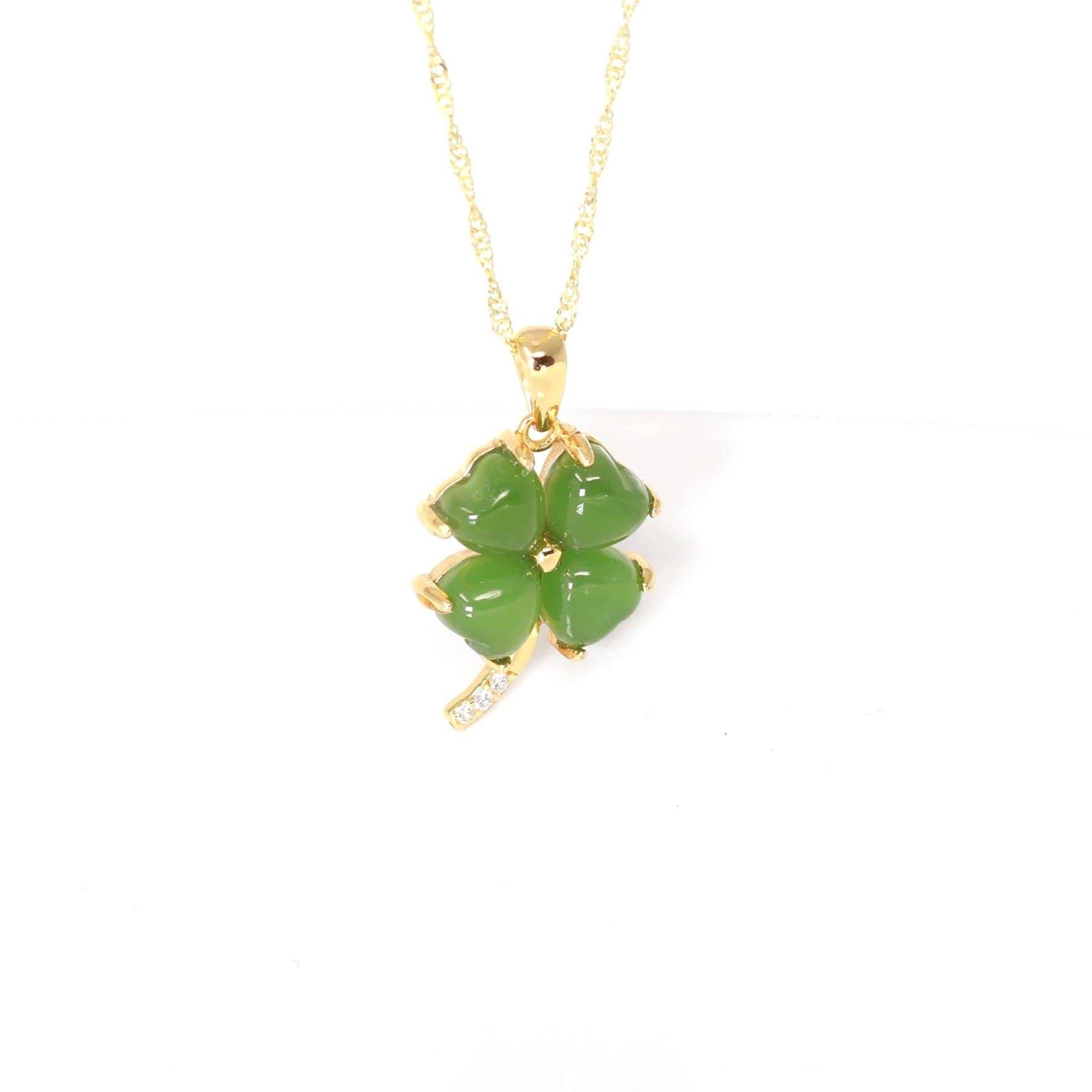 Baikalla Jewelry Silver Jade Pendant Necklace Baikalla™ Sterling Silver Real Green Nephrite Jade Four Leaf Clover Pendant Necklace