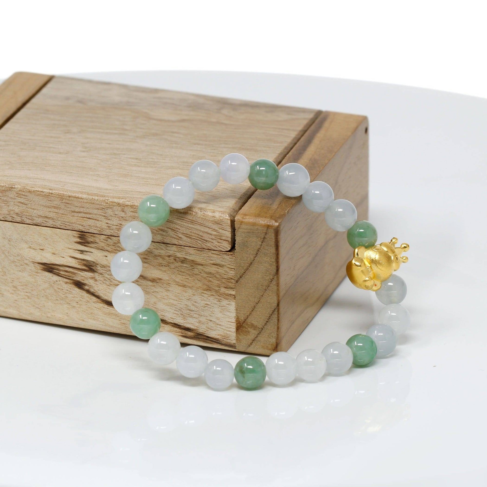 Baikalla Jewelry 24k Gold Jadeite Beads Bracelet Genuine High-quality Jade Jadeite Bracelet Bangle with 24k Yellow Gold Frog Charm 