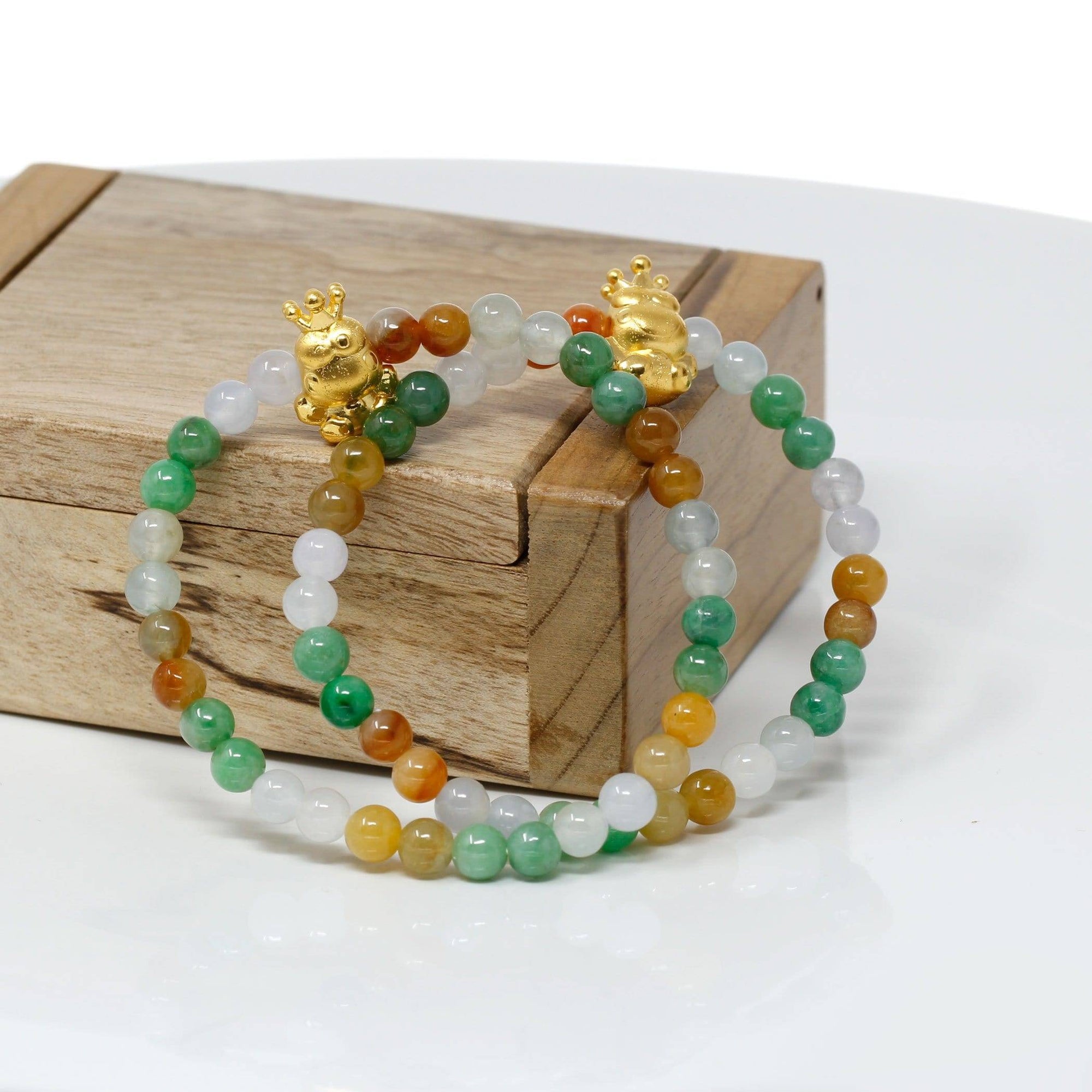 Baikalla Jewelry 24k Gold Jadeite Beads Bracelet Genuine High-quality Jade Jadeite Bracelet Bangle with 24k Yellow Gold Frog Charm Colorful  