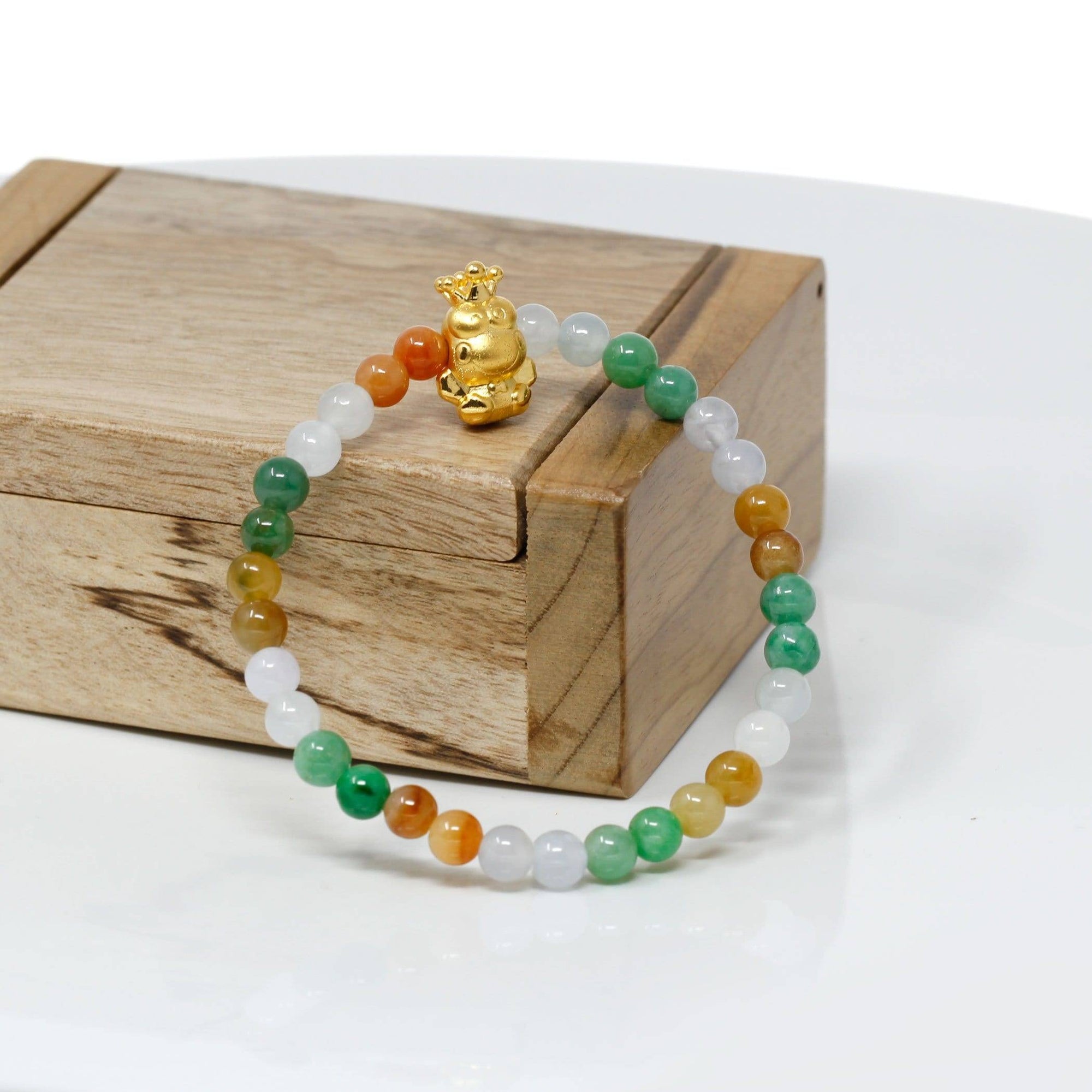 Baikalla Jewelry 24k Gold Jadeite Beads Bracelet XS 6 Inches Genuine High-quality Jade Jadeite Bracelet Bangle with 24k Yellow Gold Frog Charm Colorful  