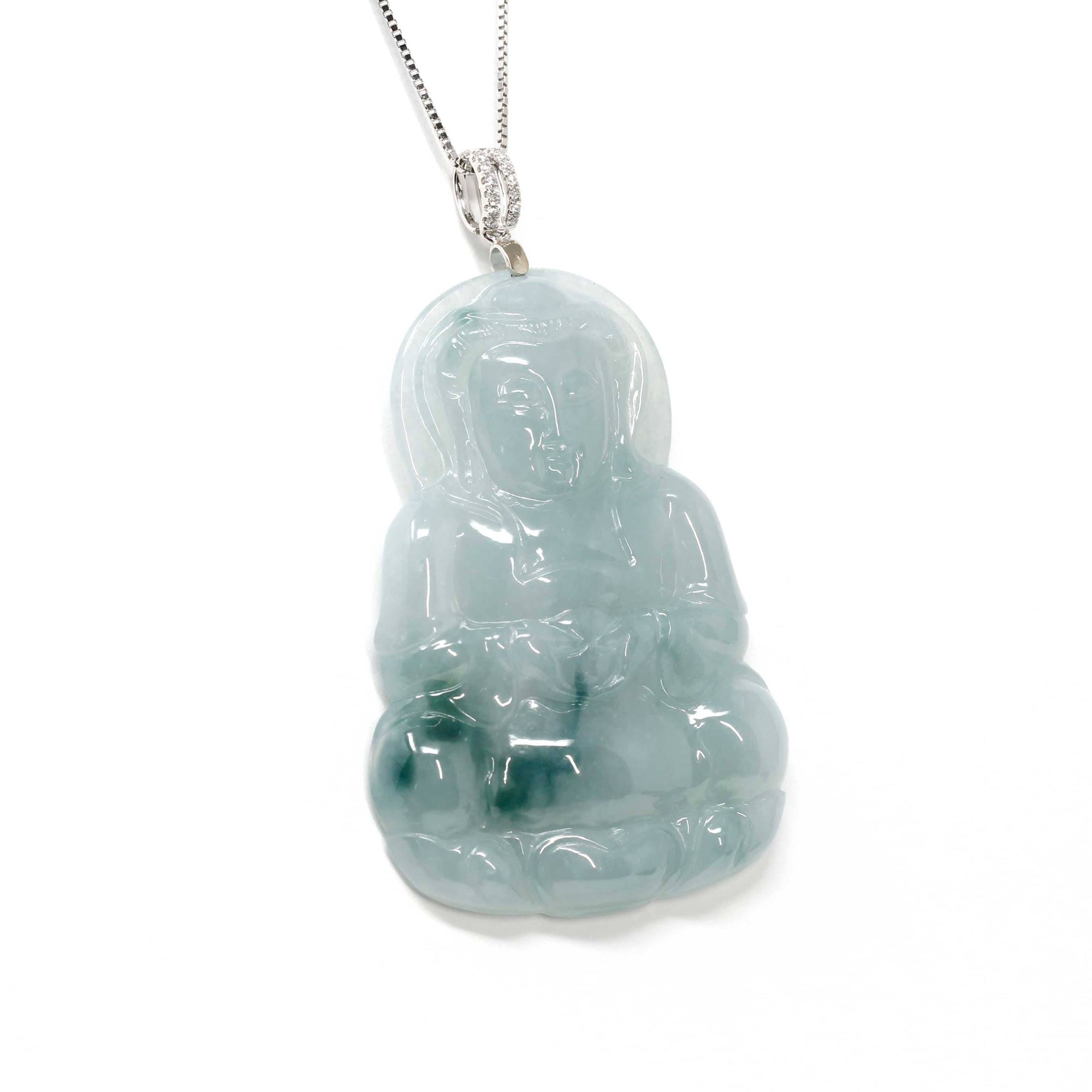 Baikalla Jewelry Jade Pendant Genuine Jadeite Guan Yin Pendant Necklace With 18k White Gold Diamond Bail