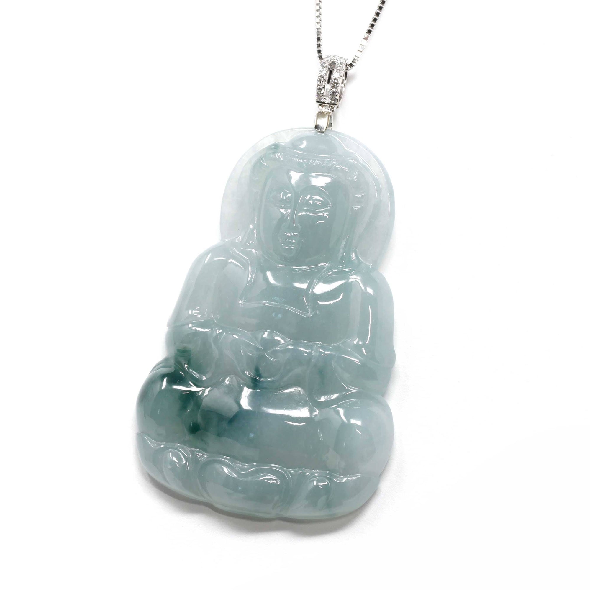 Baikalla Jewelry Jade Pendant Genuine Jadeite Guan Yin Pendant Necklace With 18k White Gold Diamond Bail