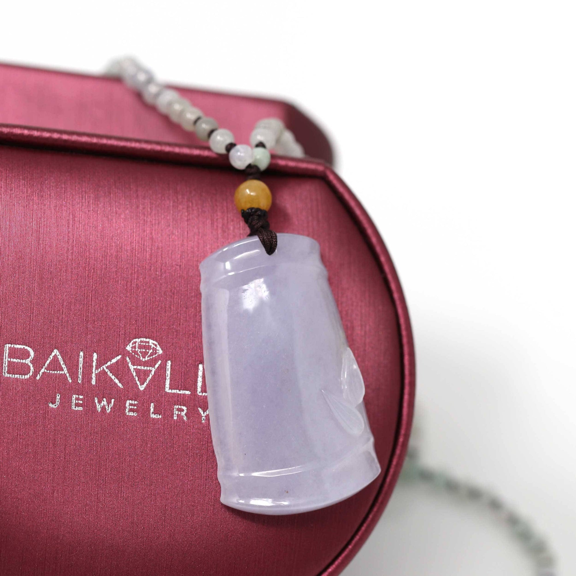 Baikalla Jewelry Jade Pendant Necklace Genuine Light Lavender Jadeite Jade Good Luck Bamboo Pendant Necklace With Real Jadeite Bead Necklace