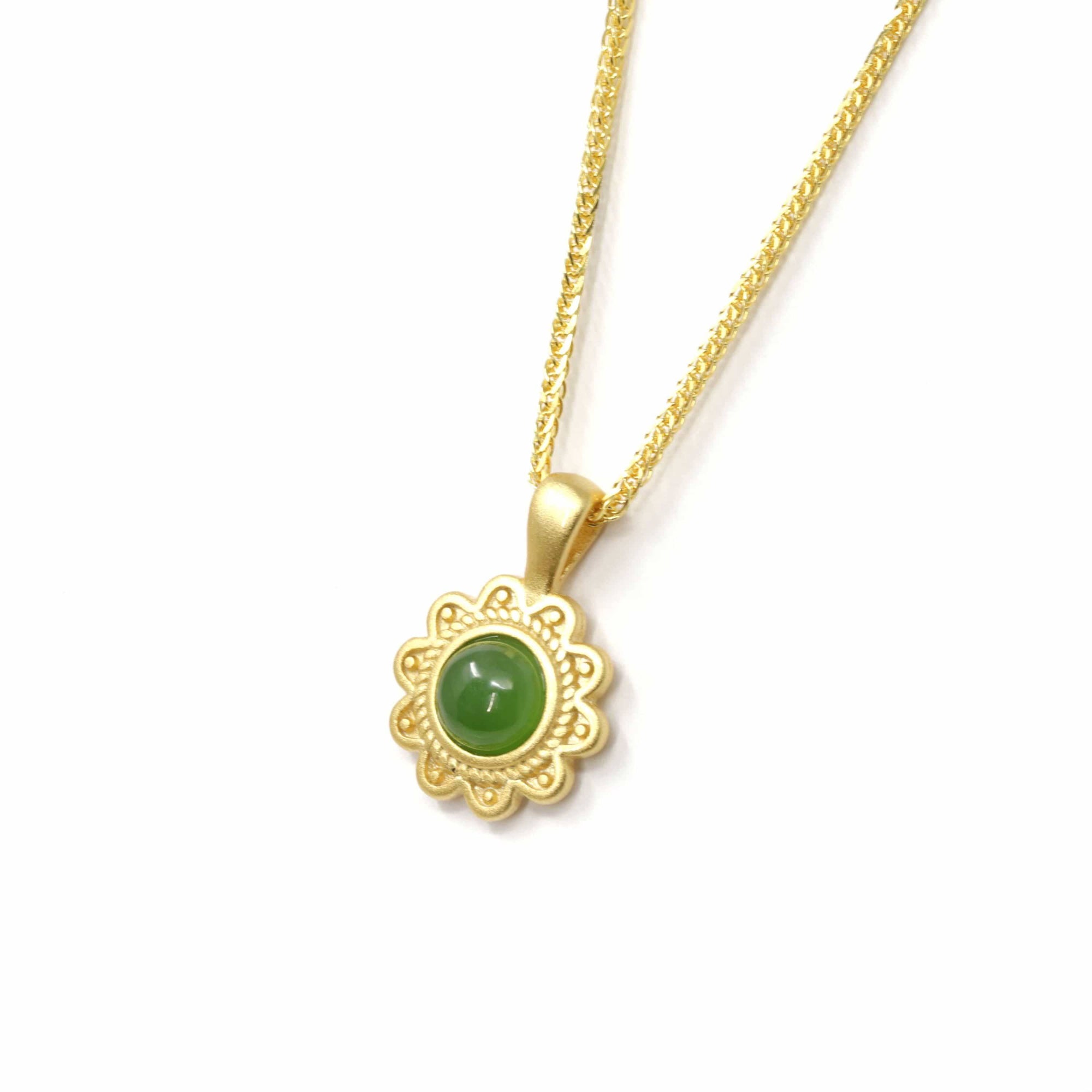 Baikalla Jewelry Jade Pendant Necklace Baikalla™ "Sunflower" Sterling Silver Nephrite Green Jade Classic Sun Flower Pendant Necklace