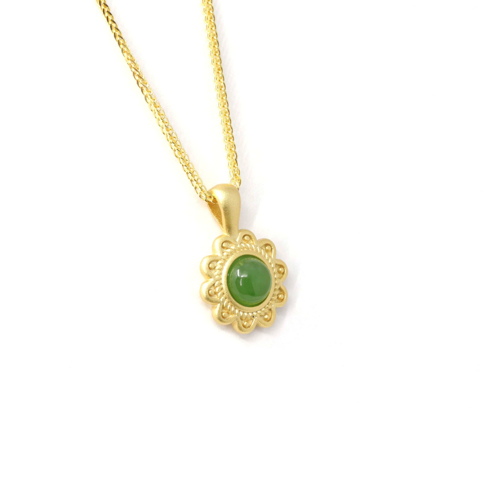 Baikalla Jewelry Jade Pendant Necklace Baikalla™ "Sunflower" Sterling Silver Nephrite Green Jade Classic Sun Flower Pendant Necklace