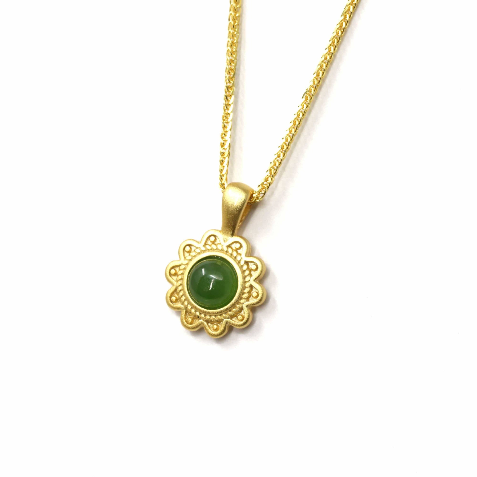 Baikalla Jewelry Jade Pendant Necklace Baikalla™ "Sunflower" Sterling Silver Nephrite Green Jade Classic Sun Flower Pendant Necklace