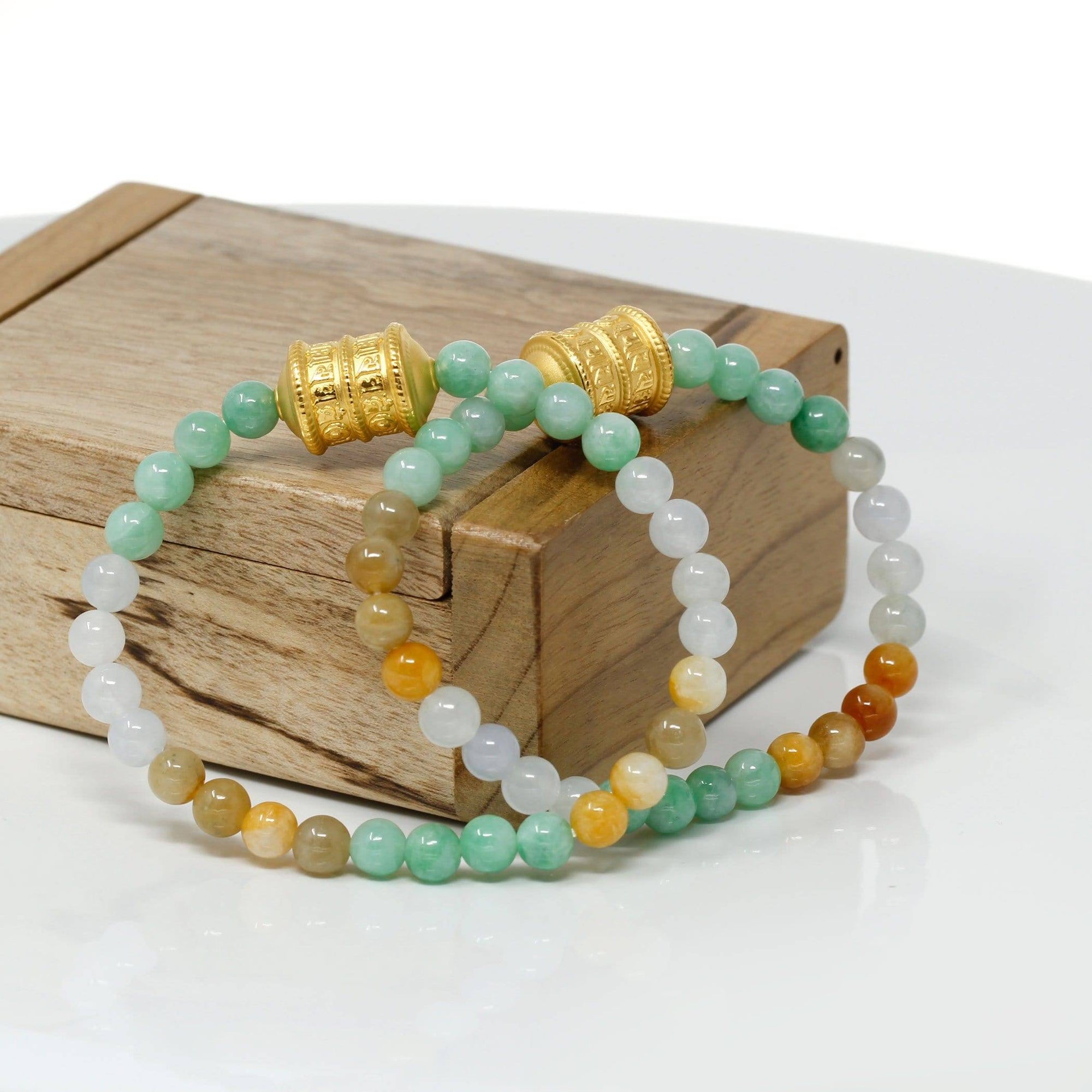 Baikalla Jewelry 24k Gold Jadeite Beads Bracelet Genuine High-quality Jade Jadeite Bracelet Bangle with 24k Yellow Gold Buddha Symbol ( Six Word Proverbs ) Charm #419