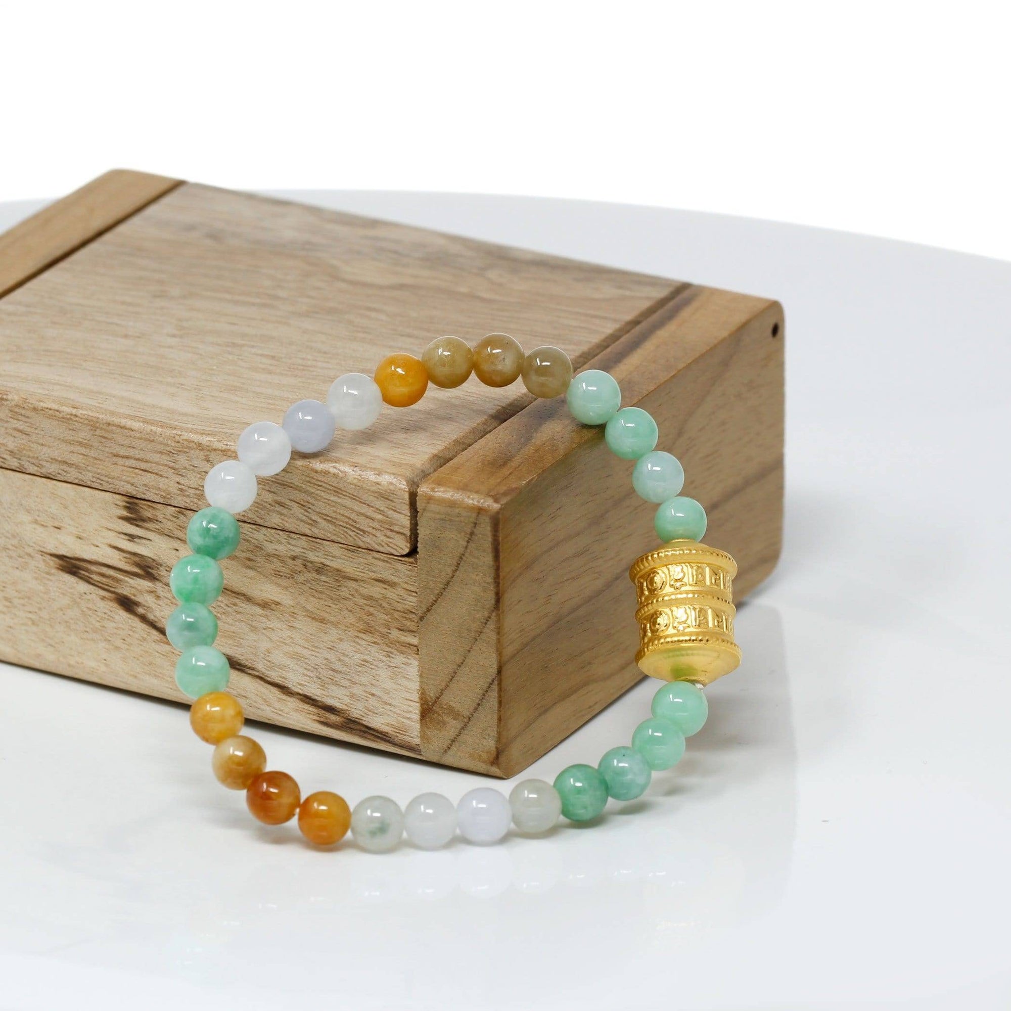 Baikalla Jewelry 24k Gold Jadeite Beads Bracelet Genuine High-quality Jade Jadeite Bracelet Bangle with 24k Yellow Gold Buddha Symbol ( Six Word Proverbs ) Charm 